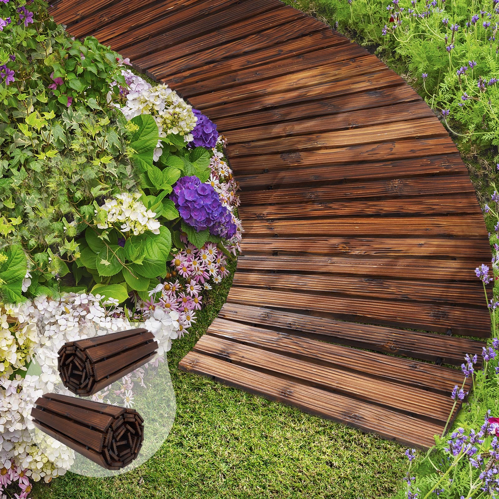 Livsip 2PC Garden Wooden Pathway 8ft Roll-Out Curved Wood Walkway Backyard - Sunyee