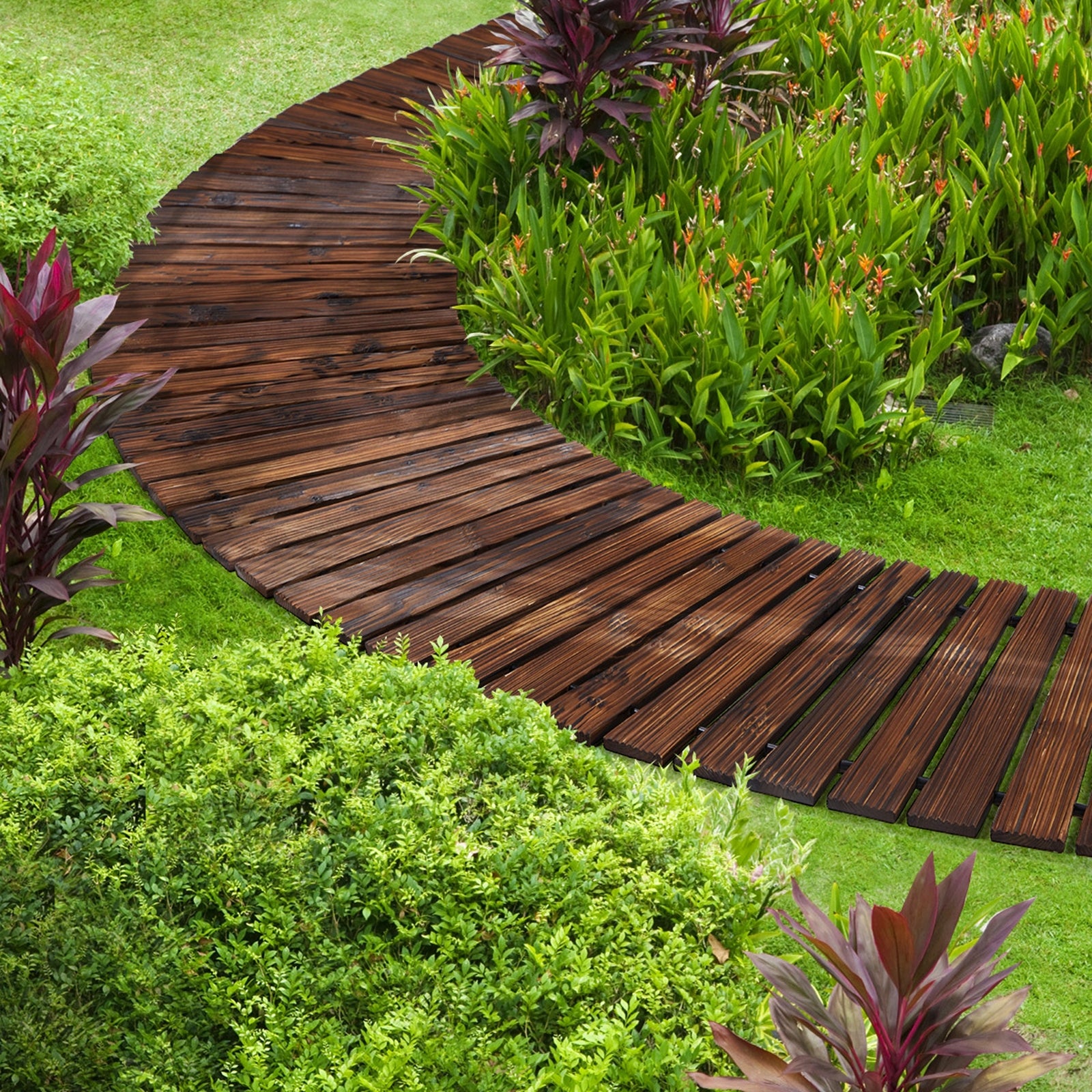 Livsip Garden Wooden Pathway 8ft Roll-Out Curved Wood Walkway Backyard Outdoor - Sunyee