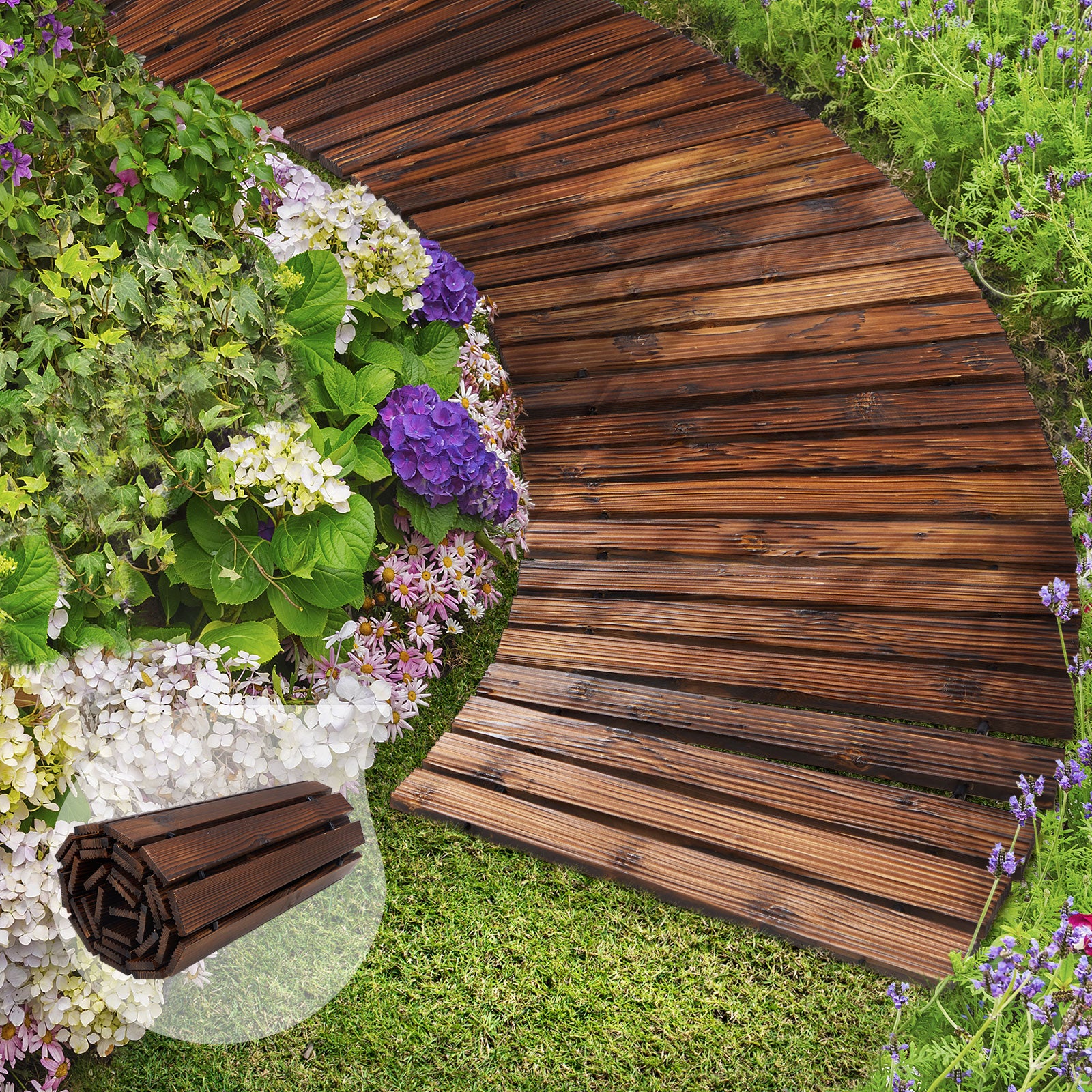 Livsip Garden Wooden Pathway 8ft Roll-Out Curved Wood Walkway Backyard Outdoor - Sunyee