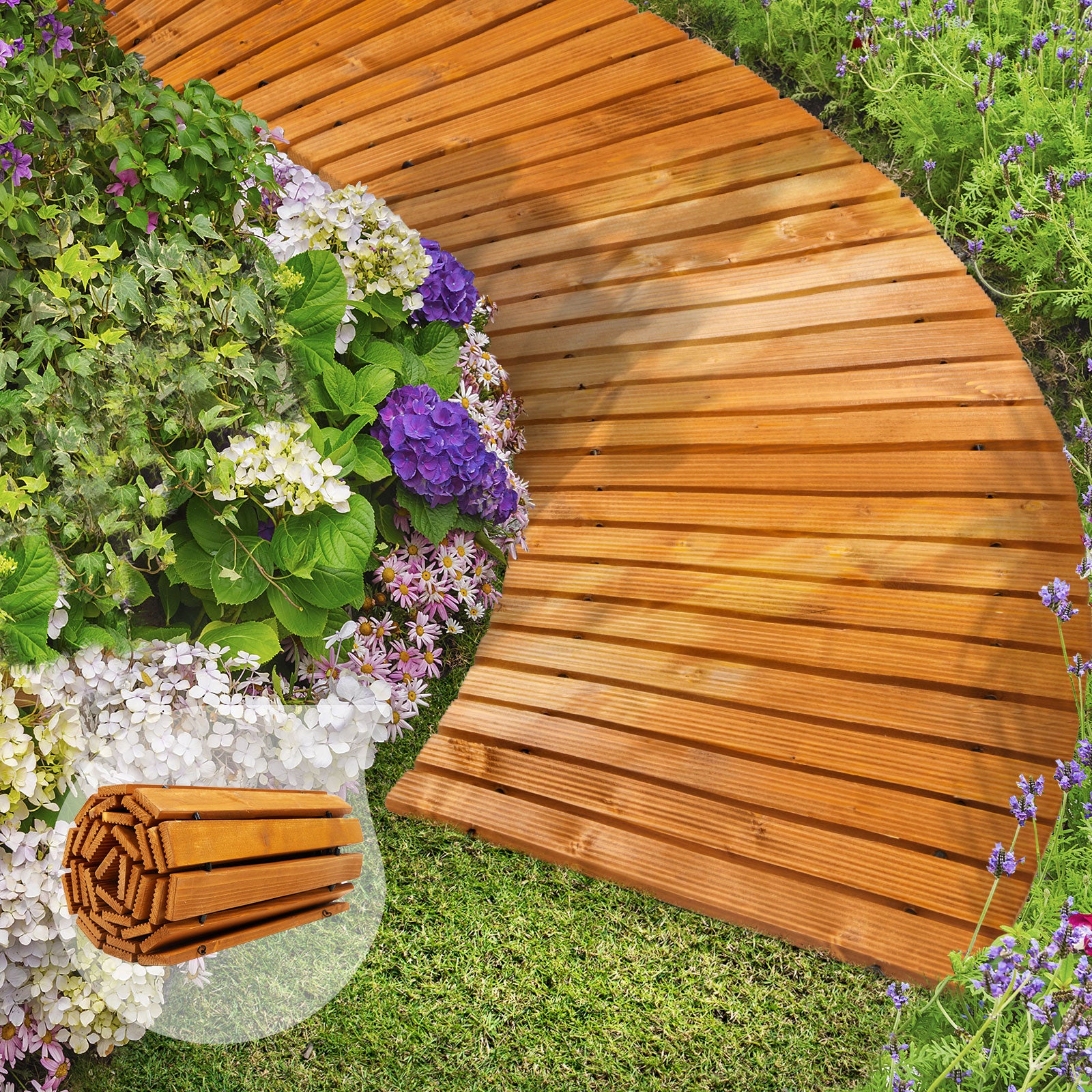 Livsip Garden Wooden Pathway 8ft Curved Roll-Out Wood Walkway Outdoor Backyard - Sunyee
