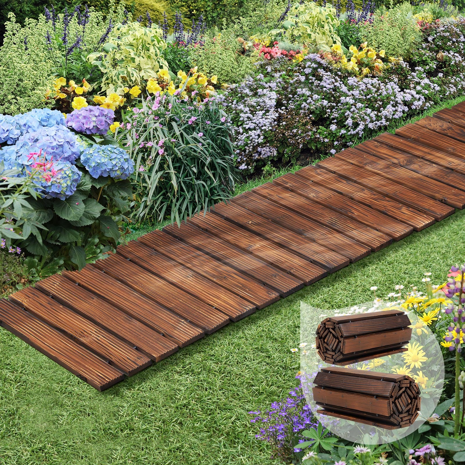 Livsip 2PC Garden Wooden Pathway 8ft Roll-Out Straight Wood Walkway Backyard - Sunyee
