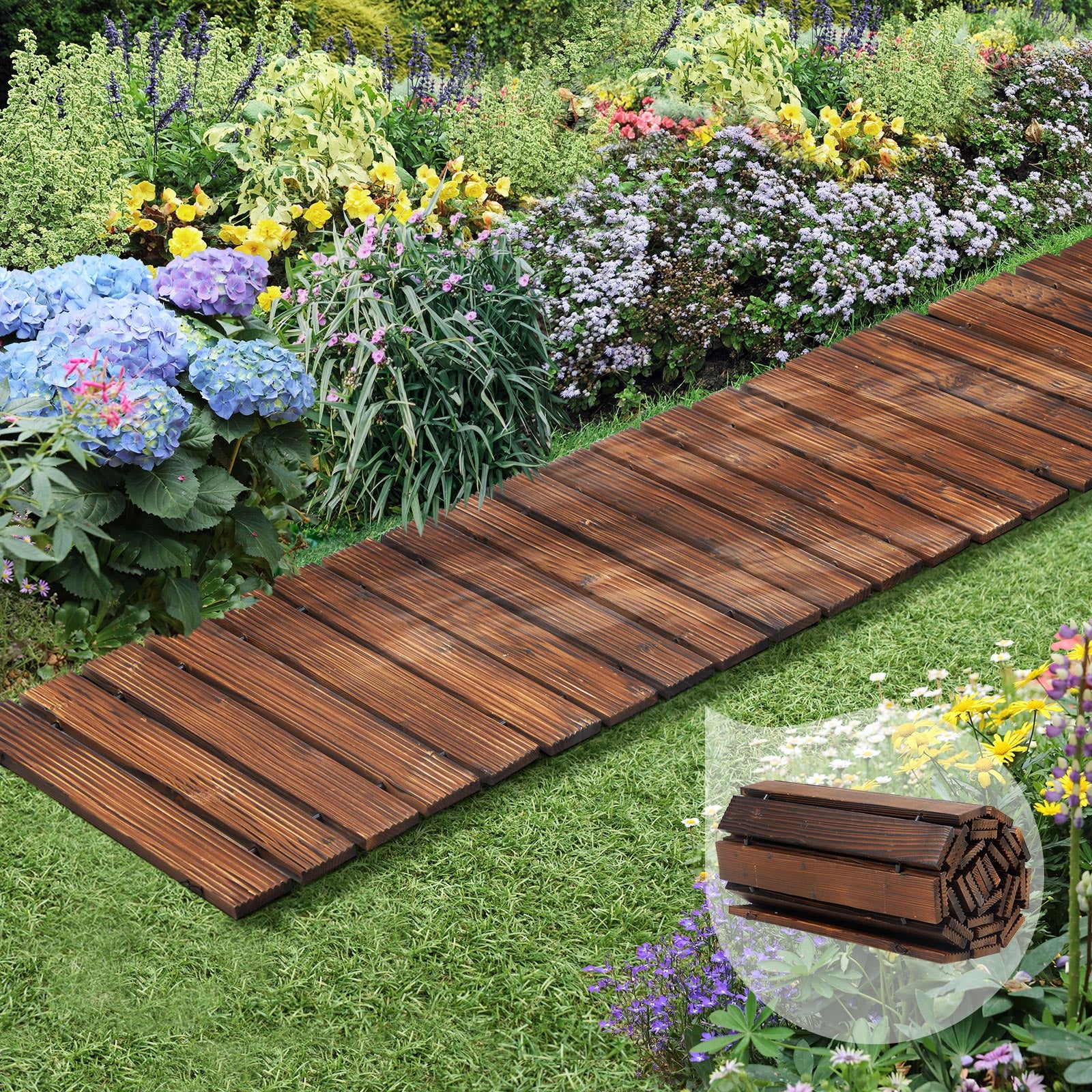 Livsip Garden Wooden Pathway 8ft Roll-Out Straight Wood Walkway Backyard Outdoor - Sunyee