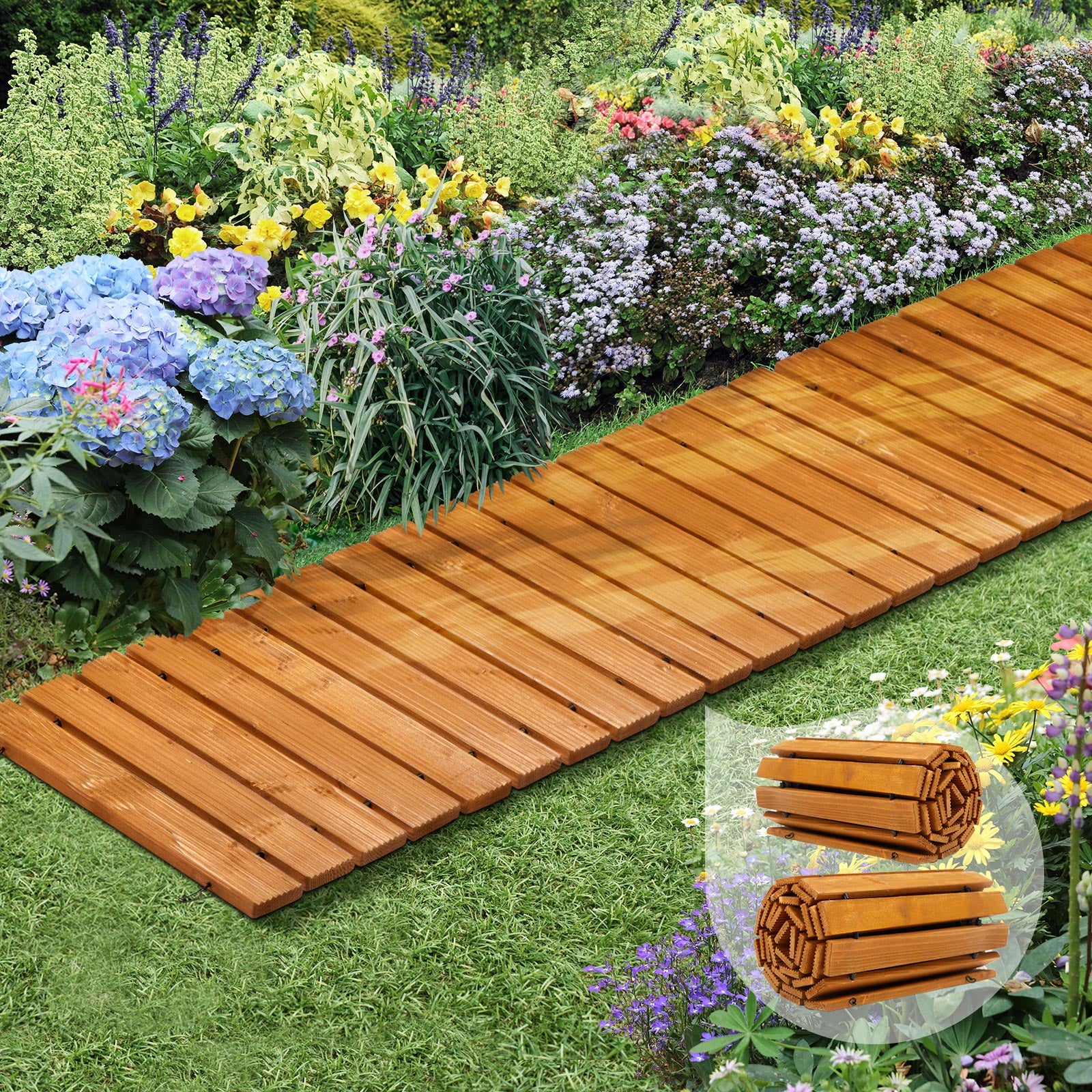 Livsip 2PC Garden Wooden Pathway 8ft Straight Wood Roll-Out Walkway Backyard - Sunyee