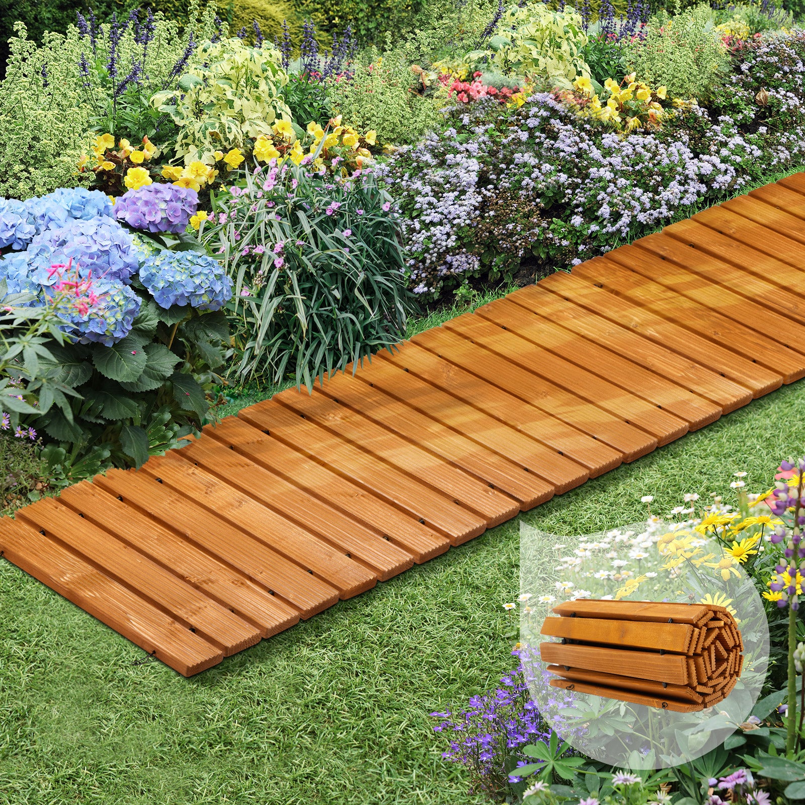 Livsip Garden Wooden Pathway 8ft Straight Roll-Out Wood Walkway Outdoor Backyard - Sunyee