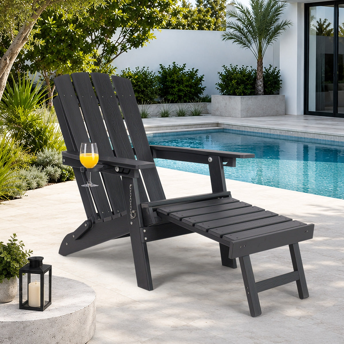 Livsip Outdoor Sun Lounge Beach Chair HDPE Adirondack Chair with Footrest Black