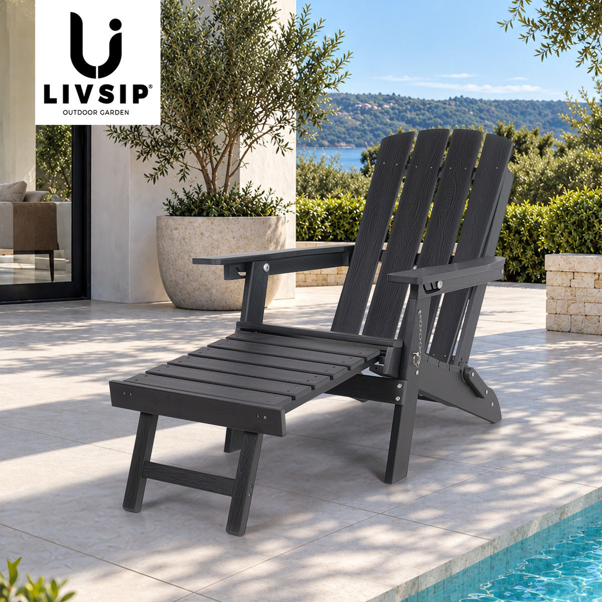 Livsip Outdoor Sun Lounge Beach Chair HDPE Adirondack Chair with Footrest Black