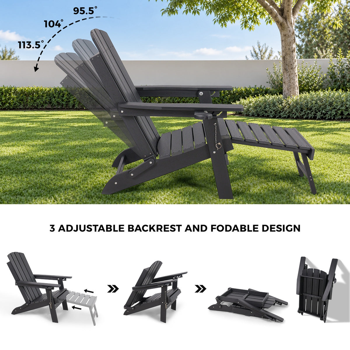 Livsip 2PCS Sun Lounge Outdoor Beach Chairs Foldable HDPE Adirondack Chair Black
