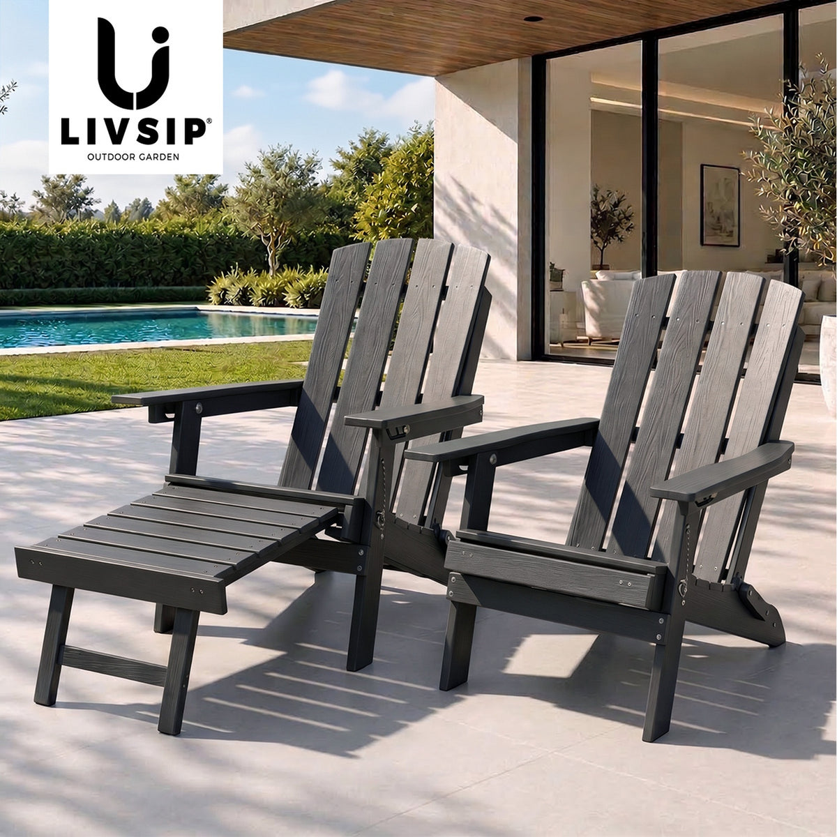 Livsip 2PCS HDPE Folding Adirondack Chair Outdoor Lounge Beach Deck Chairs Black
