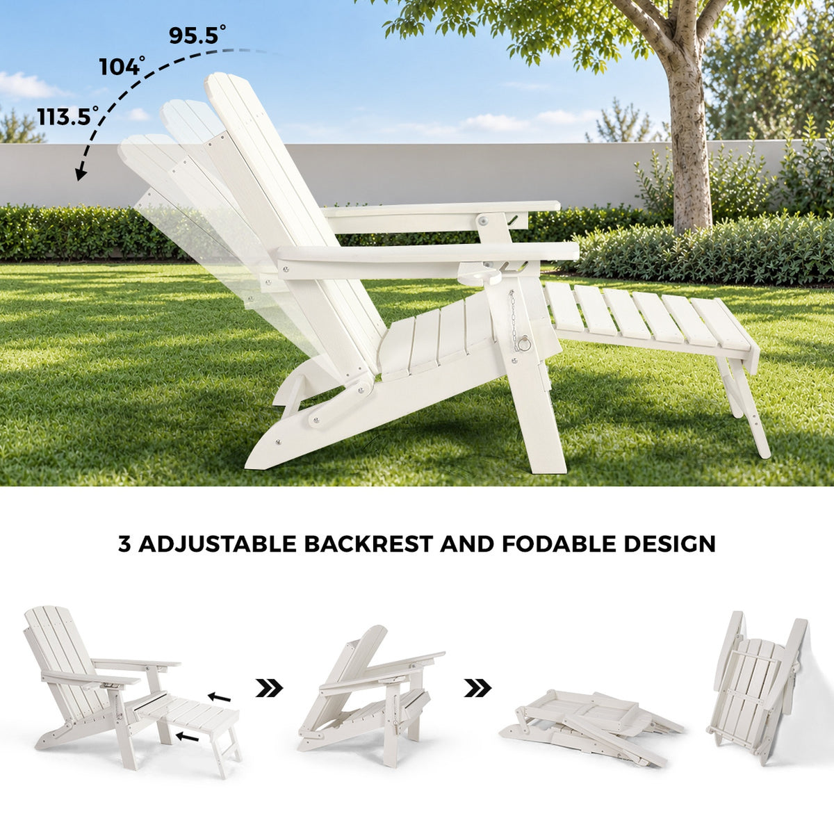 Livsip Outdoor Sun Lounge Beach Chair HDPE Adirondack Chair with Footrest White