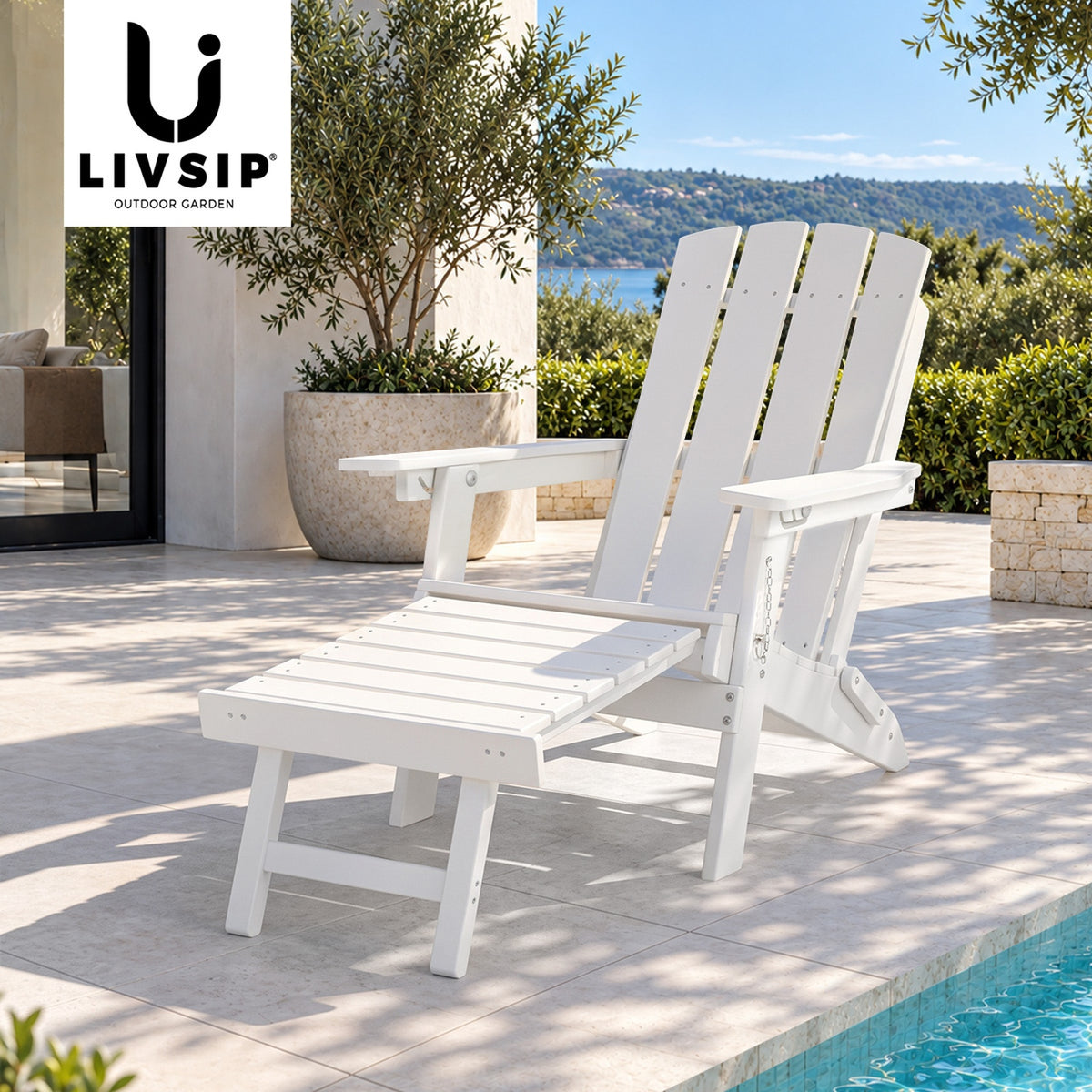 Livsip Outdoor Sun Lounge Beach Chair HDPE Adirondack Chair with Footrest White