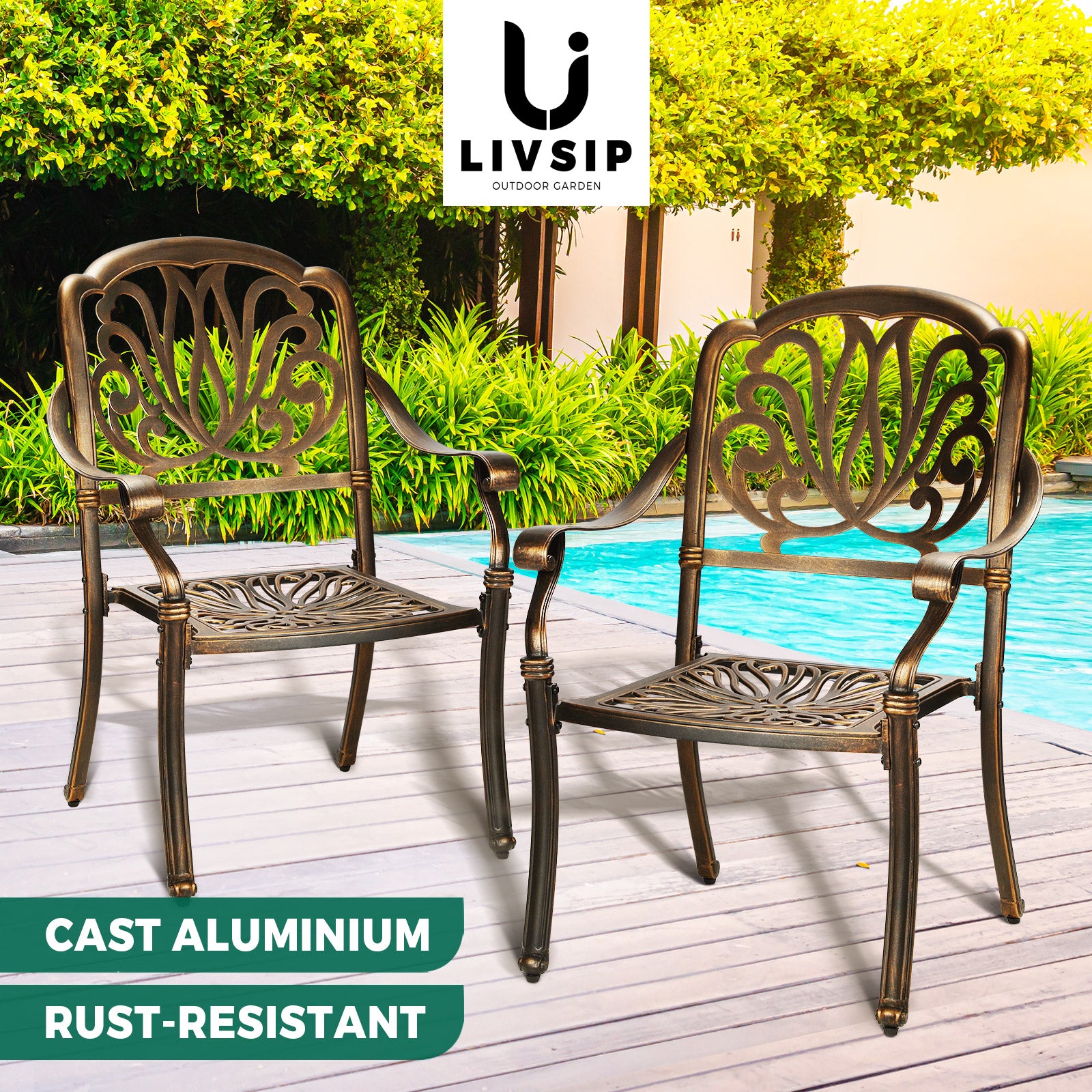 Livsip Outdoor Dining Chairs Cast Aluminium Patio Garden Furniture Set of 2 - Sunyee