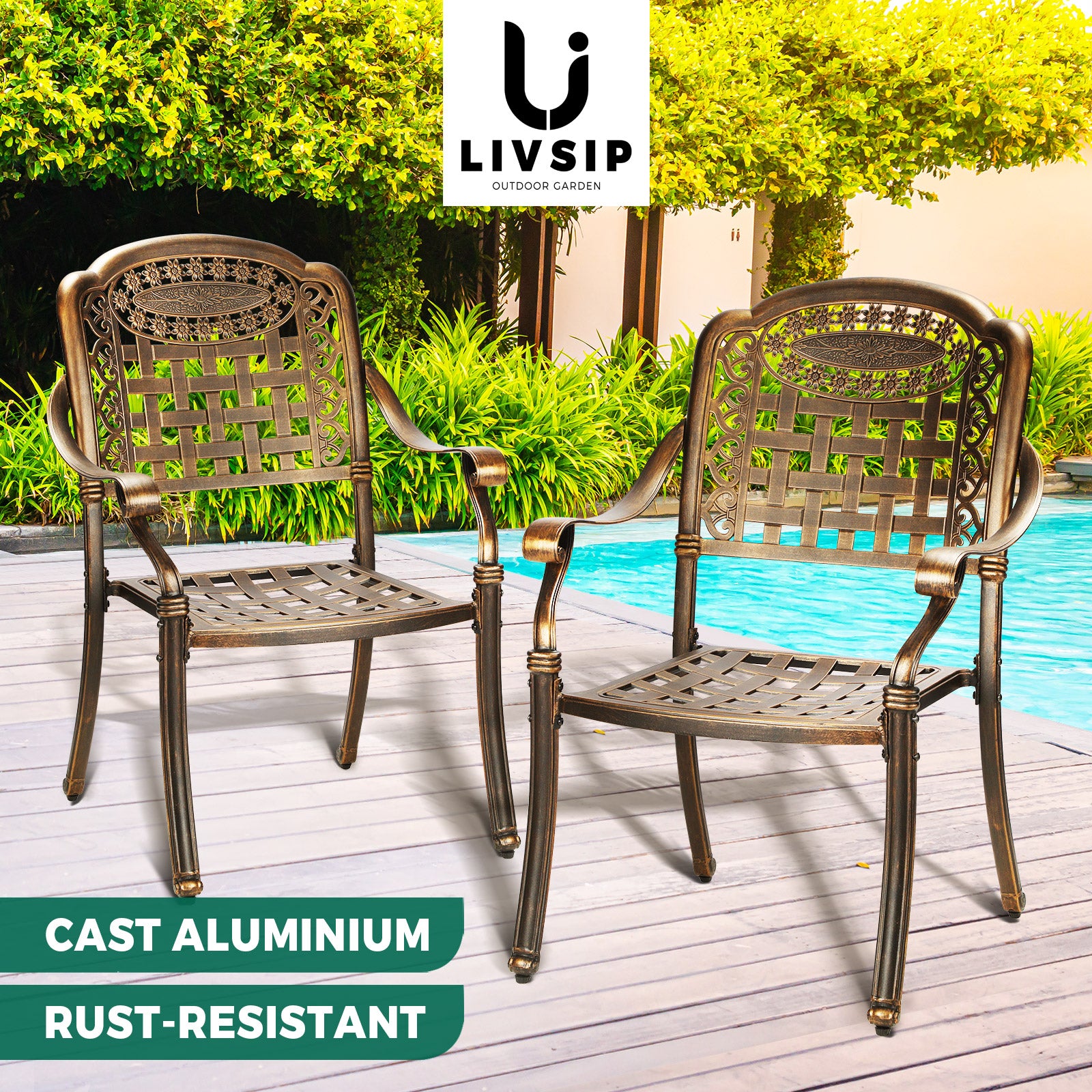 Livsip Outdoor Furniture Dining Chairs Cast Aluminium Garden Patio Chairs x2 - Sunyee