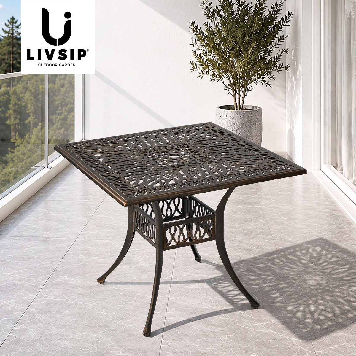 Livsip Outdoor Garden Table Patio Dining Table Cast Aluminium Furniture Bronze