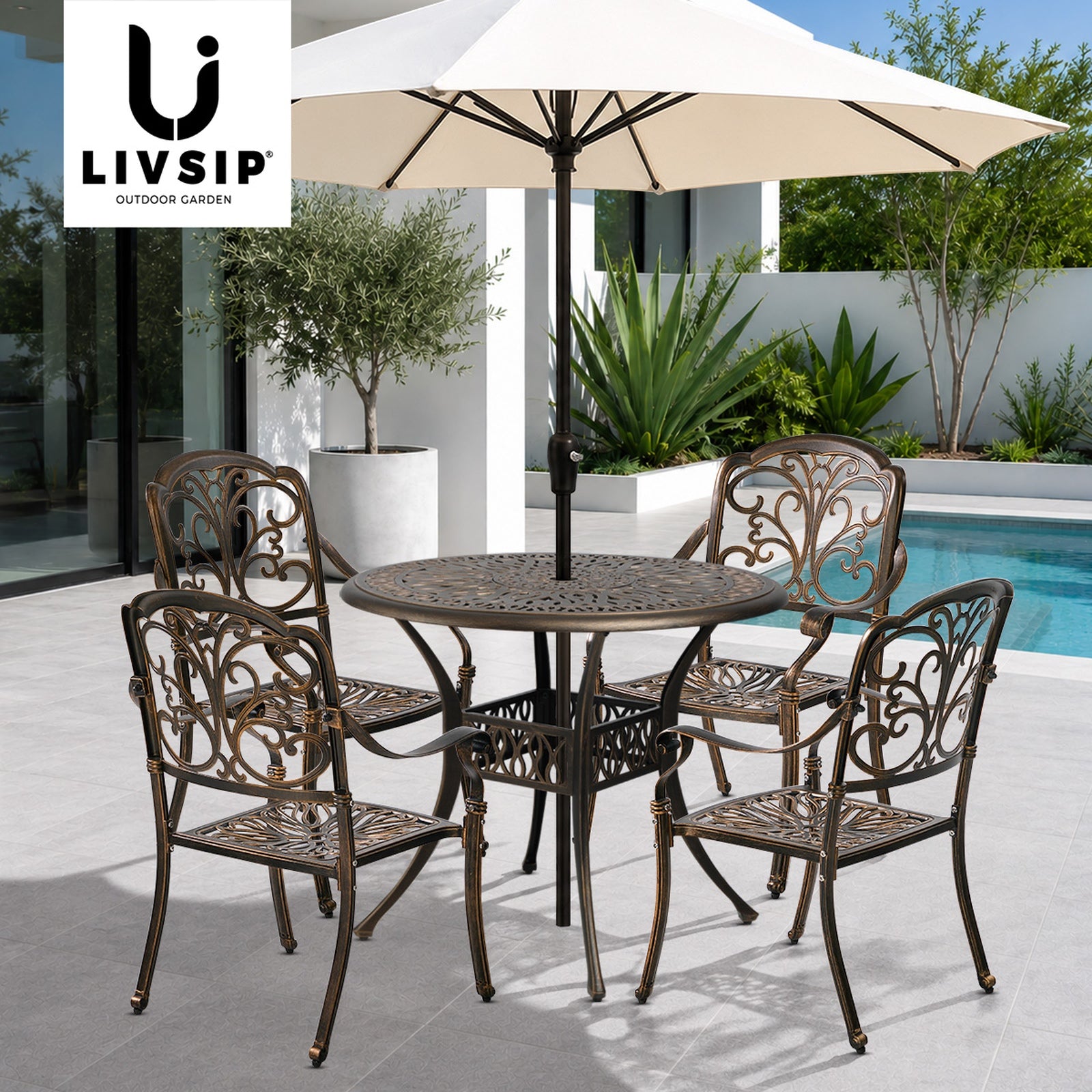 Livsip 5 Piece Outdoor Dining Set Table Chairs Patio Bistro Cast Aluminium