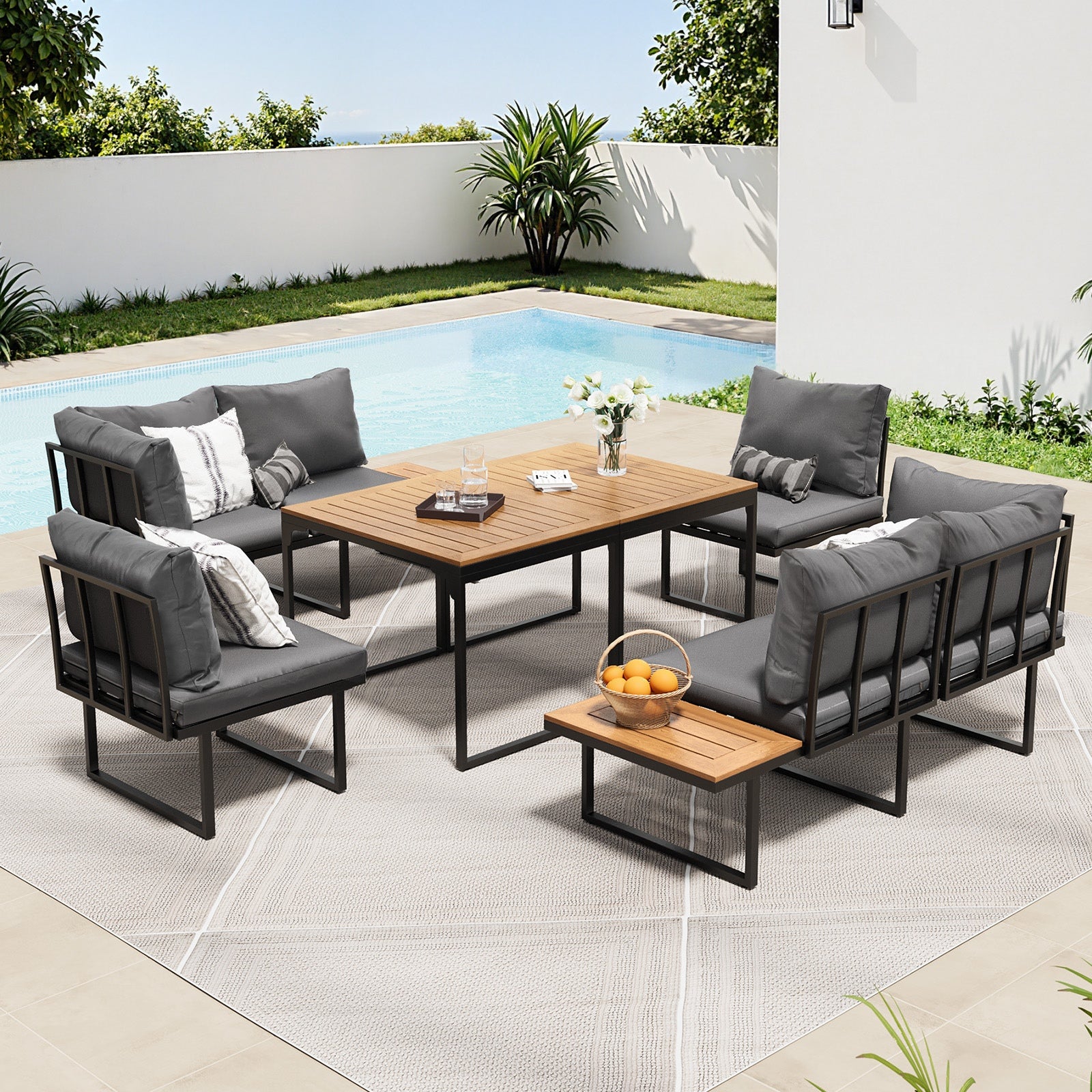 Livsip 6 Seater Outdoor Dining Sofa Setting Lounge Furniture 2 Side Table Grey - Sunyee