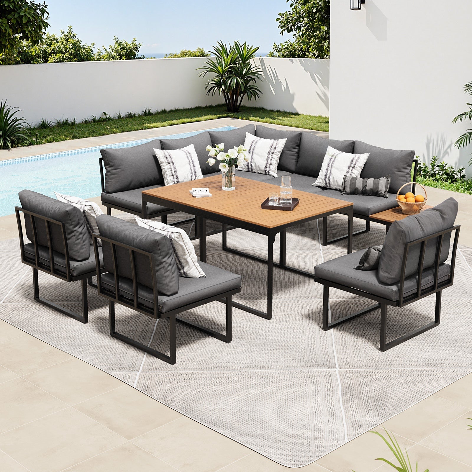 Livsip 8 Seater Outdoor Dining Sofa Set Lounge Furniture with Side Table Grey - Sunyee