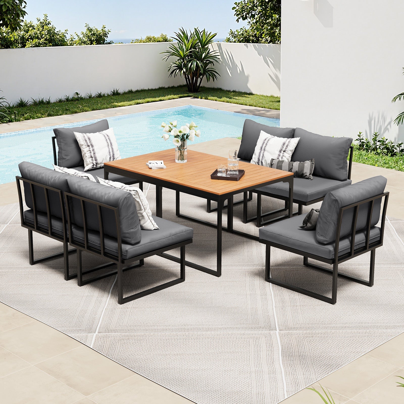 Livsip 6 Seater Outdoor Dining Sofa Set Lounge Furniture with Cushions Grey - Sunyee