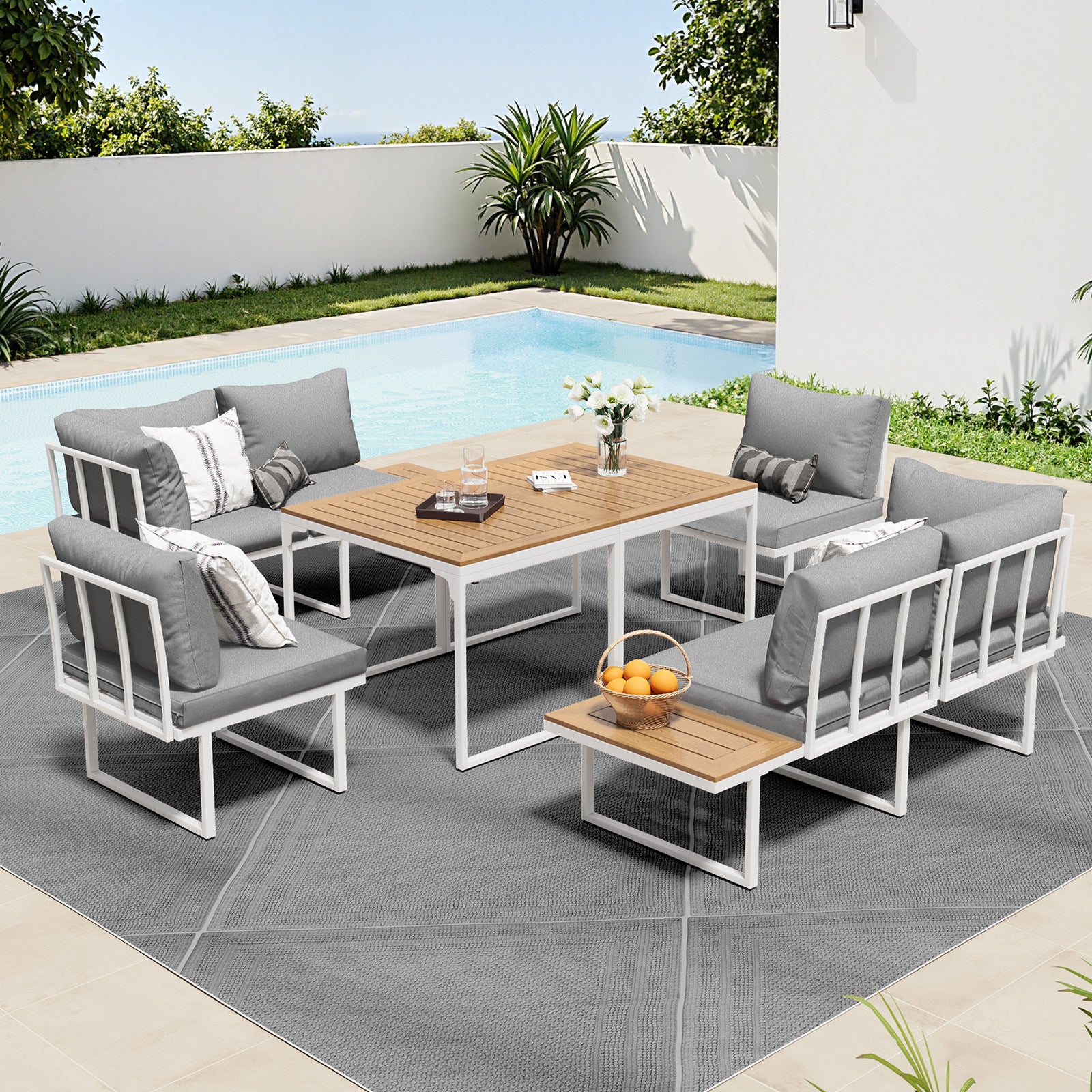 Livsip 6 Seater Outdoor Dining Sofa Setting Lounge Furniture 2 Side Table White - Sunyee