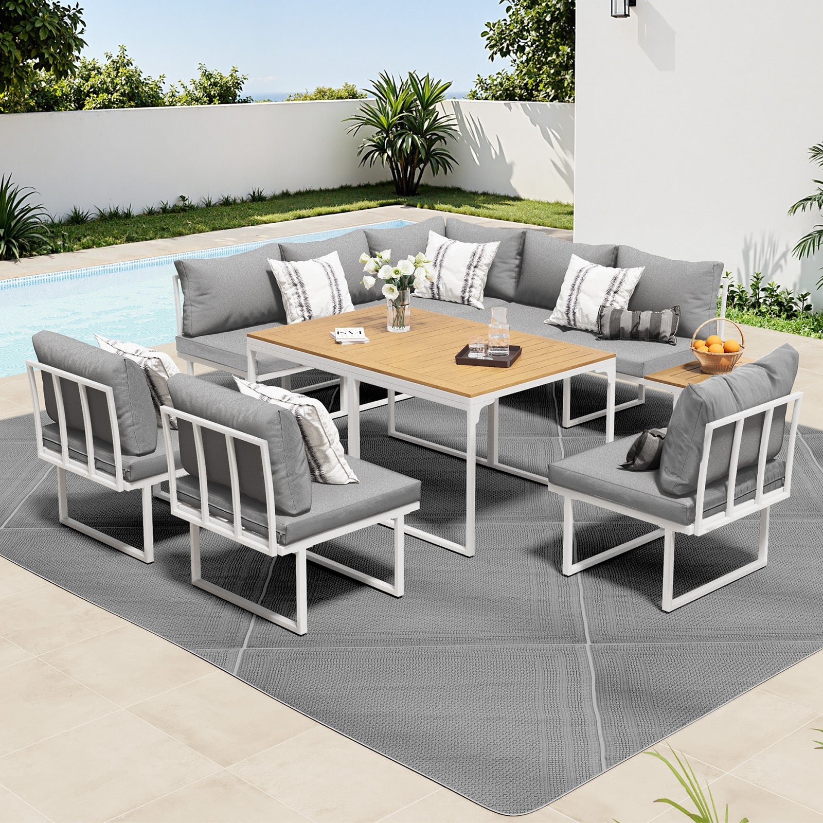 Livsip 8 Seater Outdoor Dining Sofa Set Lounge Furniture with Side Table White - Sunyee