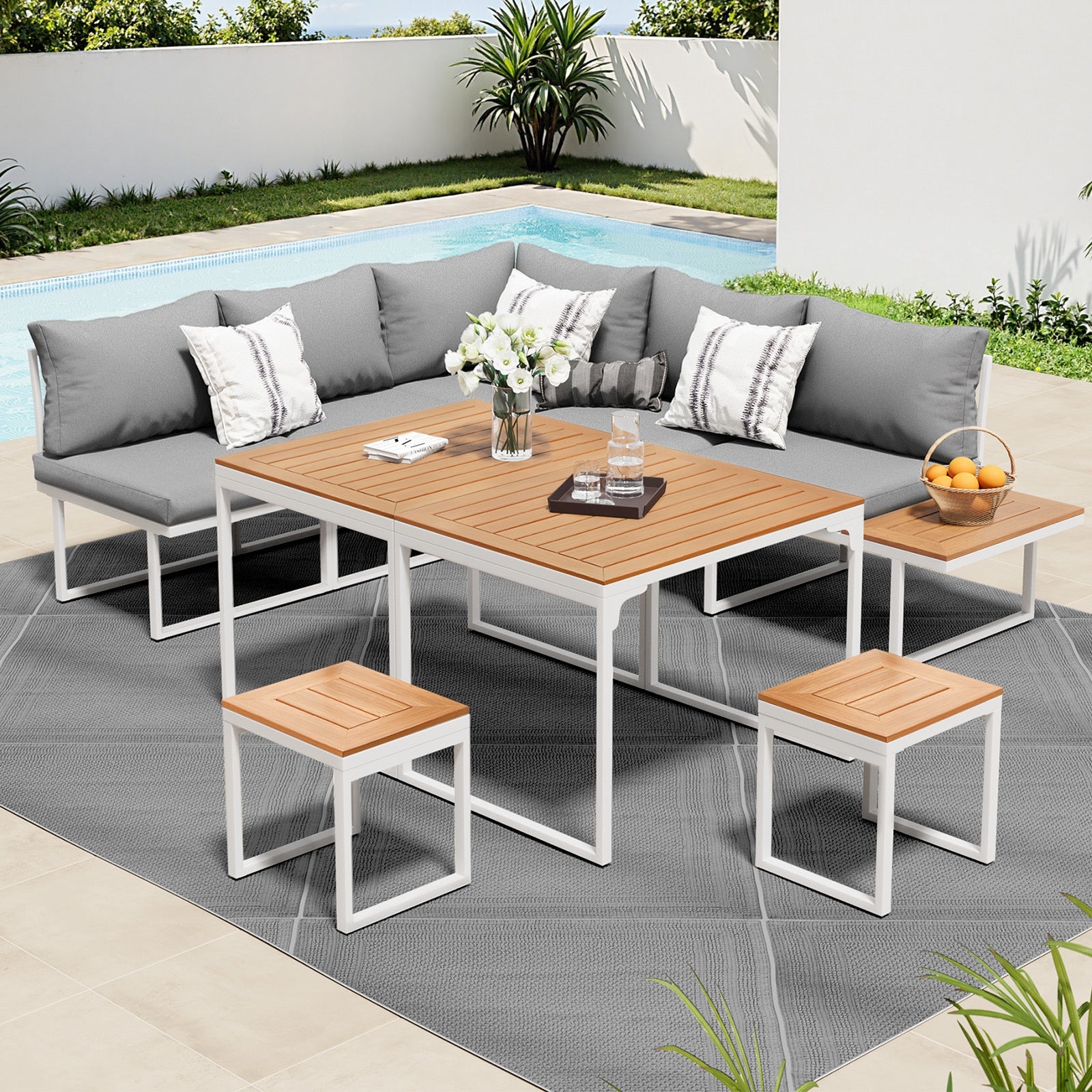 Livsip 7 Seater Outdoor Dining Set Sofa Lounge Setting Patio Table Stool White - Sunyee