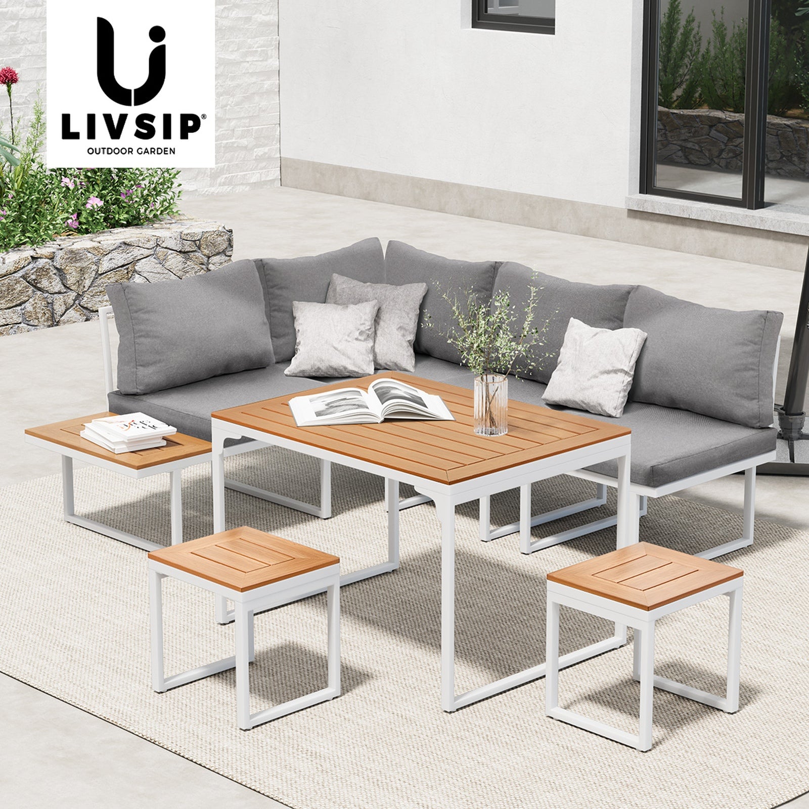 Livsip 6 Seater Outdoor Dining Sofa Set Lounge Furniture Patio Stool White - Sunyee