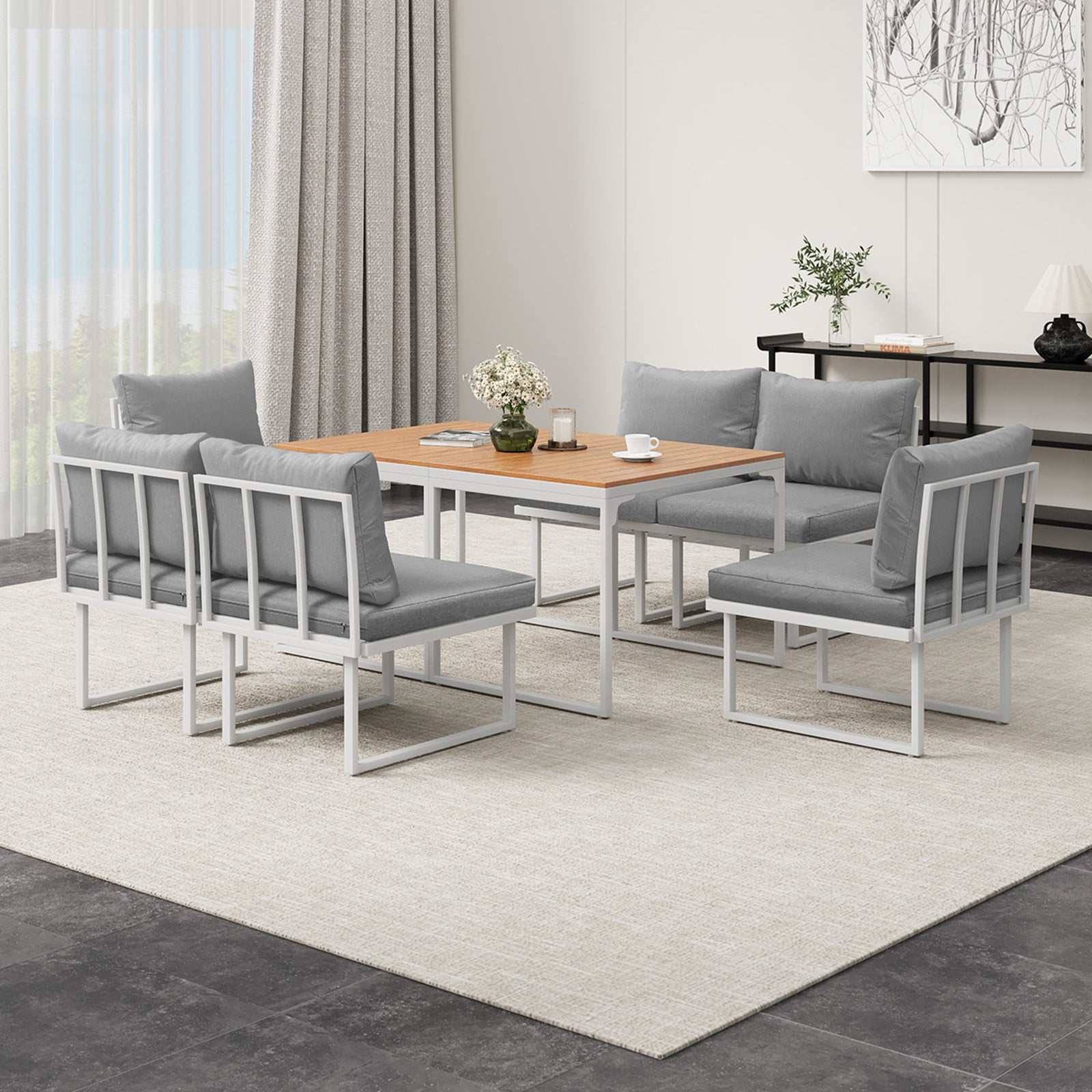 Livsip 6 Seater Outdoor Dining Sofa Set Lounge Furniture with Cushions White - Sunyee