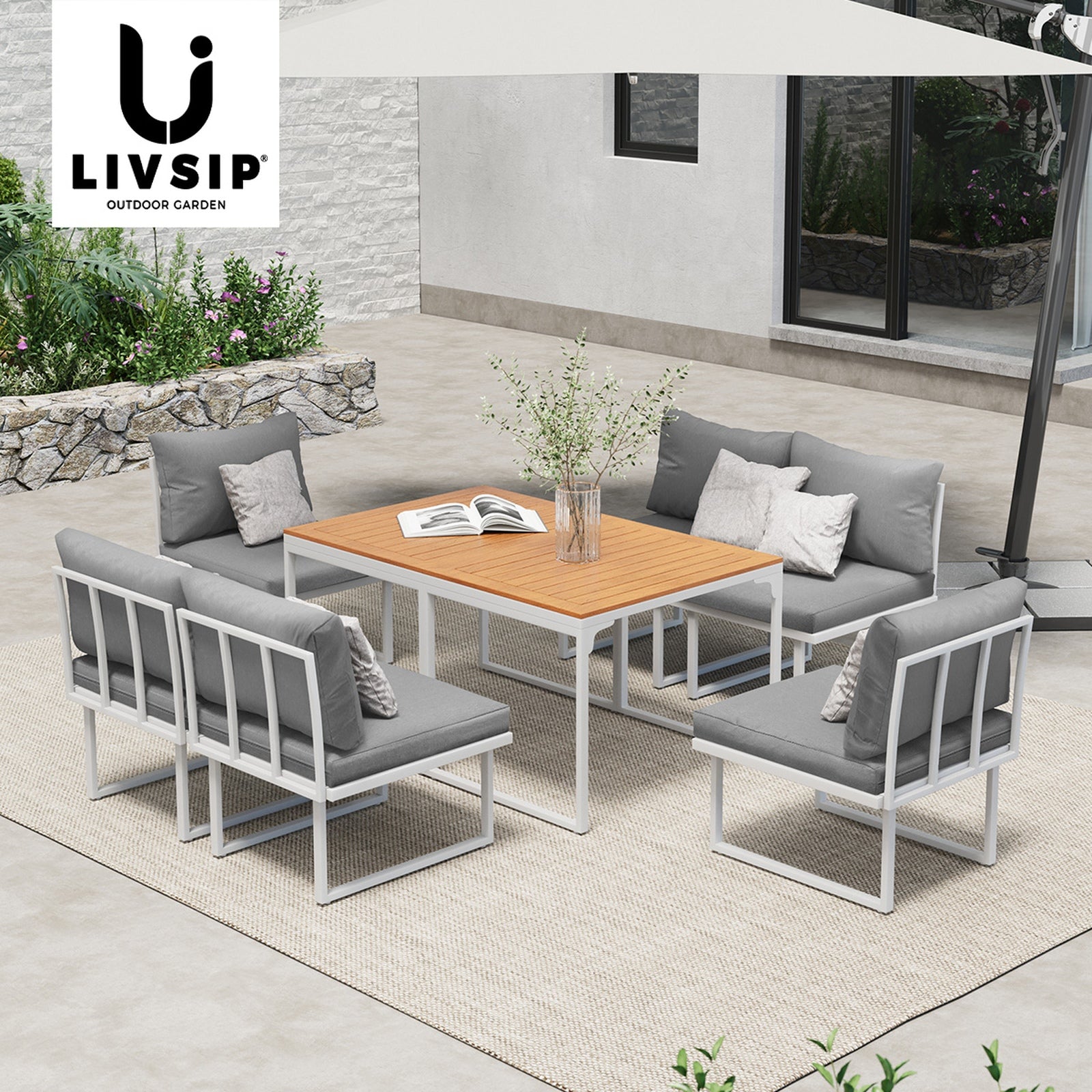 Livsip 6 Seater Outdoor Dining Sofa Set Lounge Furniture with Cushions White - Sunyee