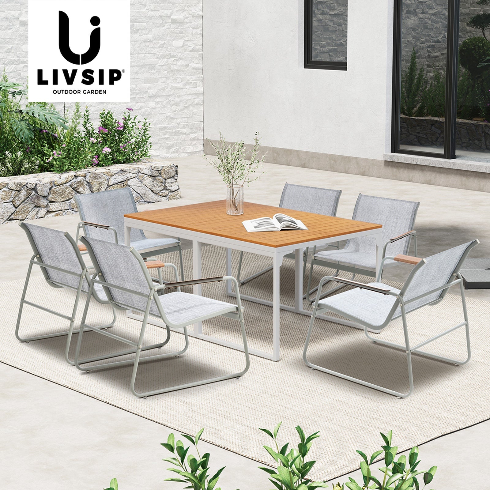 Livsip 6 Seater Outdoor Dining Set Patio Table Chairs Textilene Furniture - Sunyee