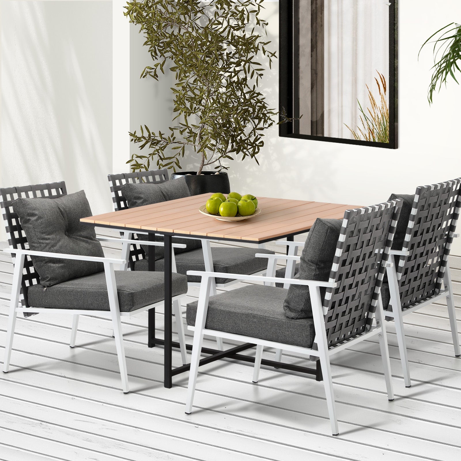 Livsip Outdoor Dining Set Patio Furniture Garden Rattan White Chairs Setting 5PC - Sunyee