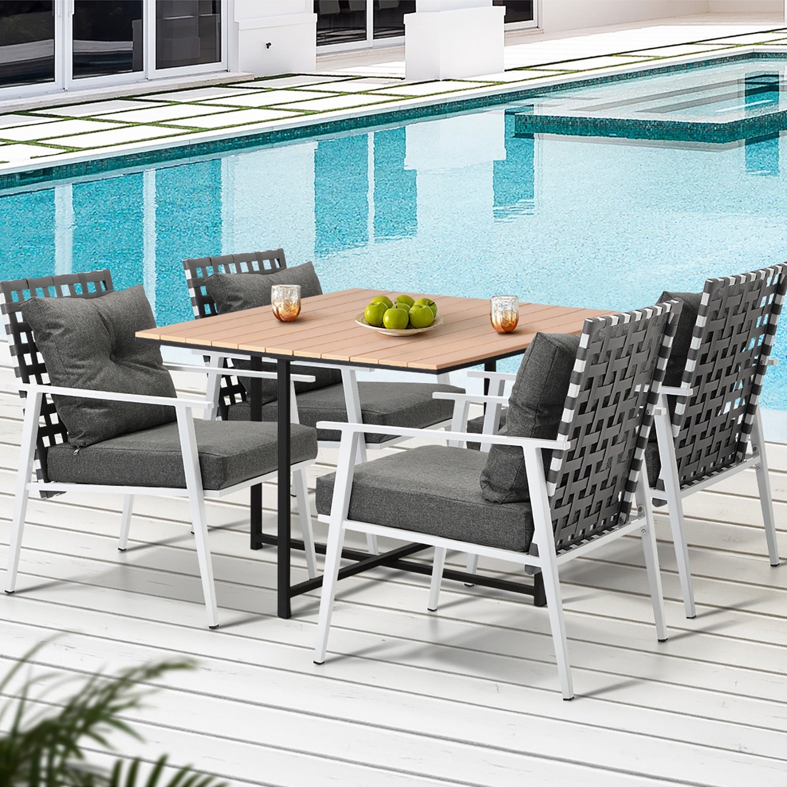 Livsip Outdoor Dining Set Patio Furniture Garden Rattan White Chairs Setting 5PC - Sunyee