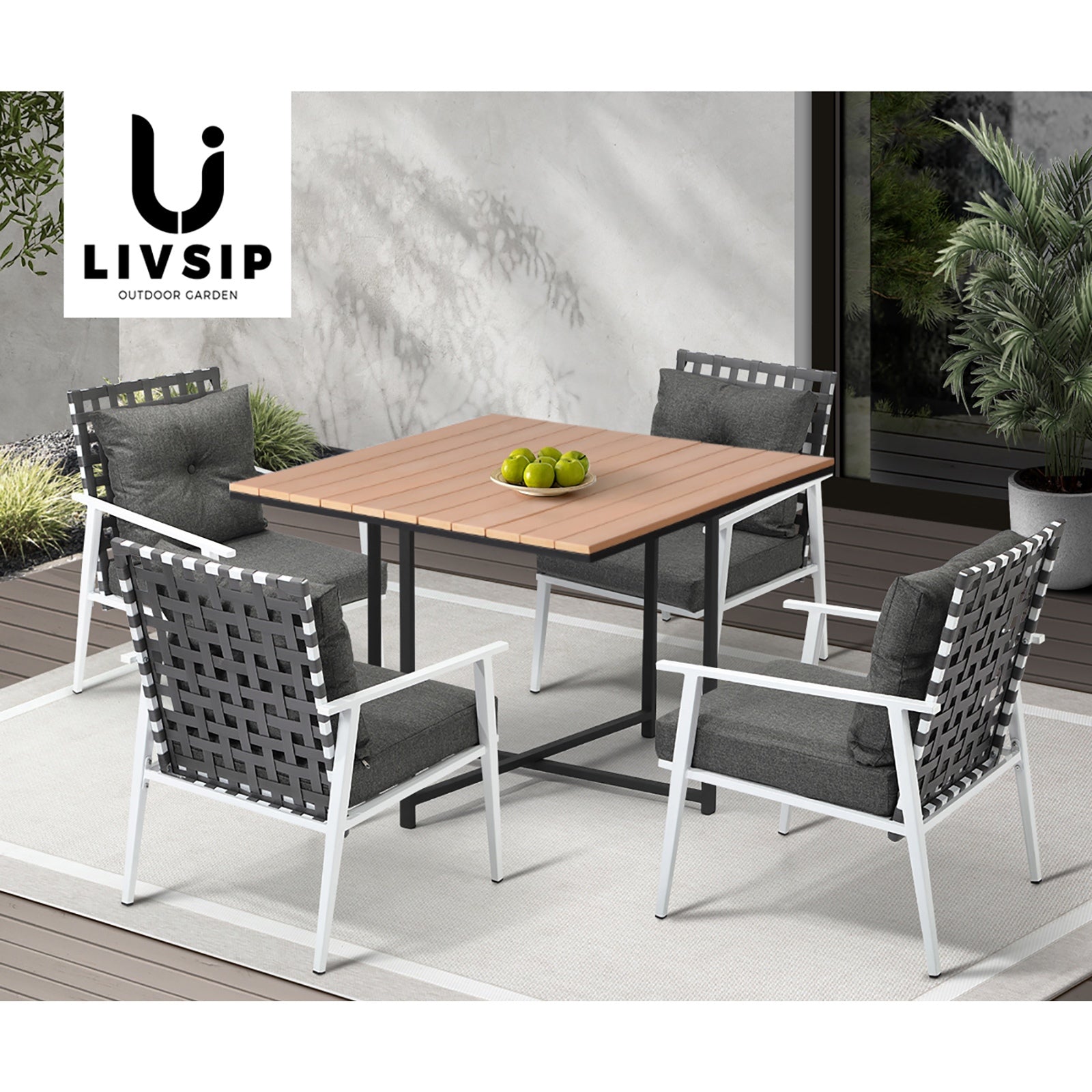Livsip Outdoor Dining Set Patio Furniture Garden Rattan White Chairs Setting 5PC - Sunyee