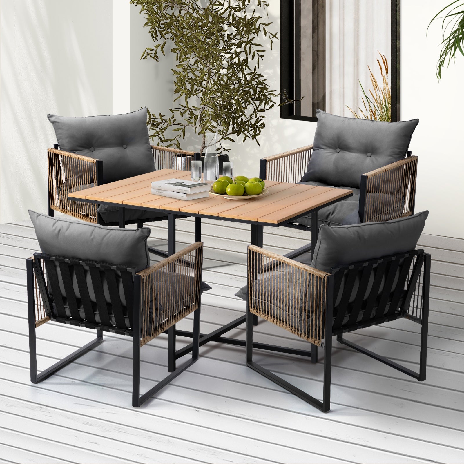 Livsip Outdoor Dining Set Furniture Patio Setting Wood-Plastic Table 4 Seater - Sunyee