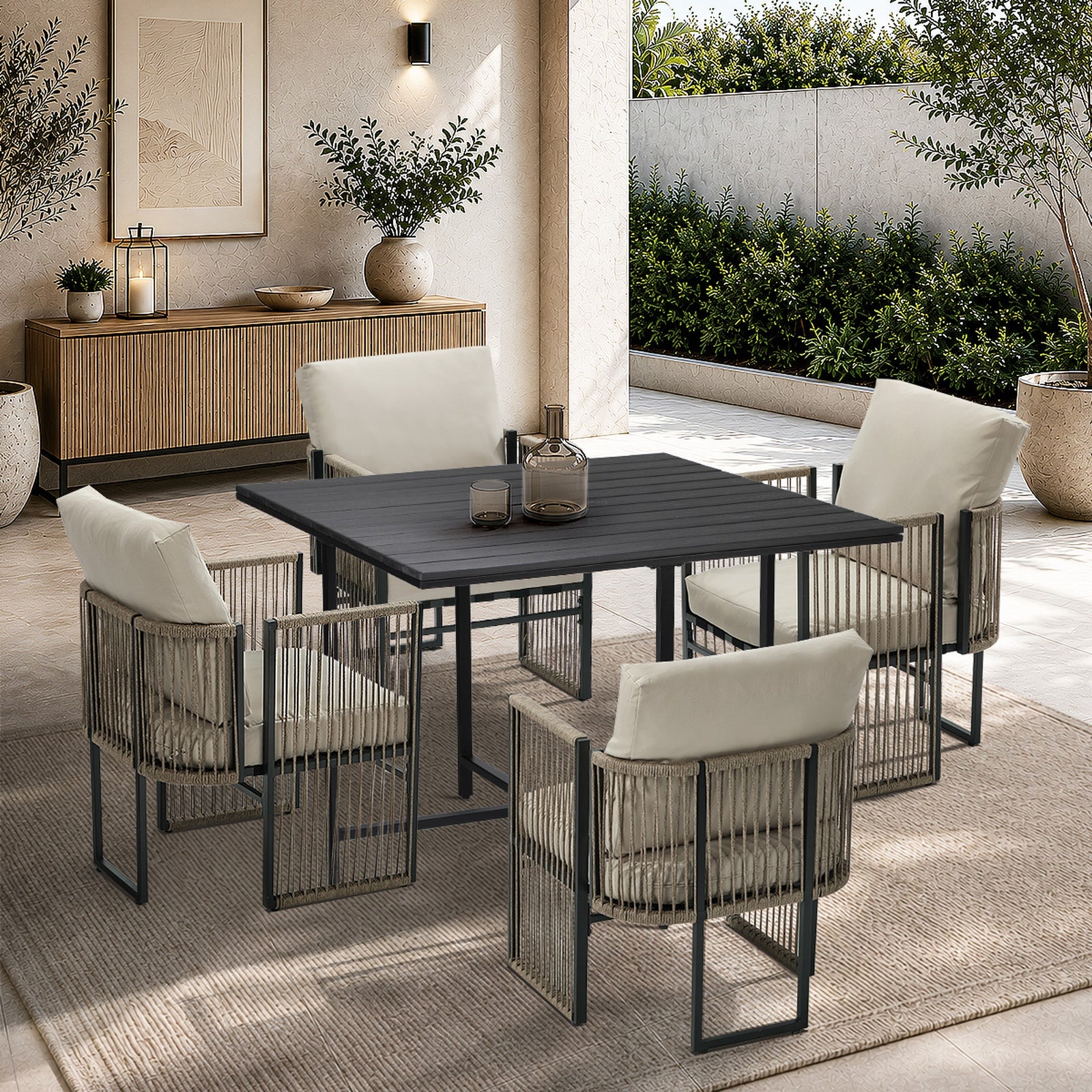 Livsip 5 Pieces Outdoor Dining Set Table Chair Setting Rope Garden Furniture