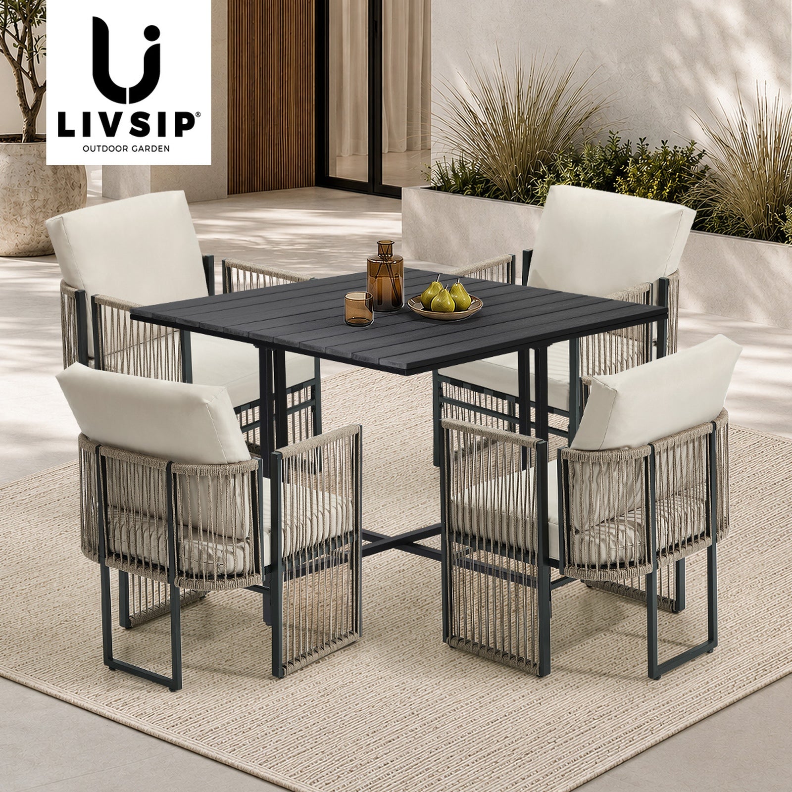 Livsip 5 Pieces Outdoor Dining Set Table Chair Setting Rope Garden Furniture