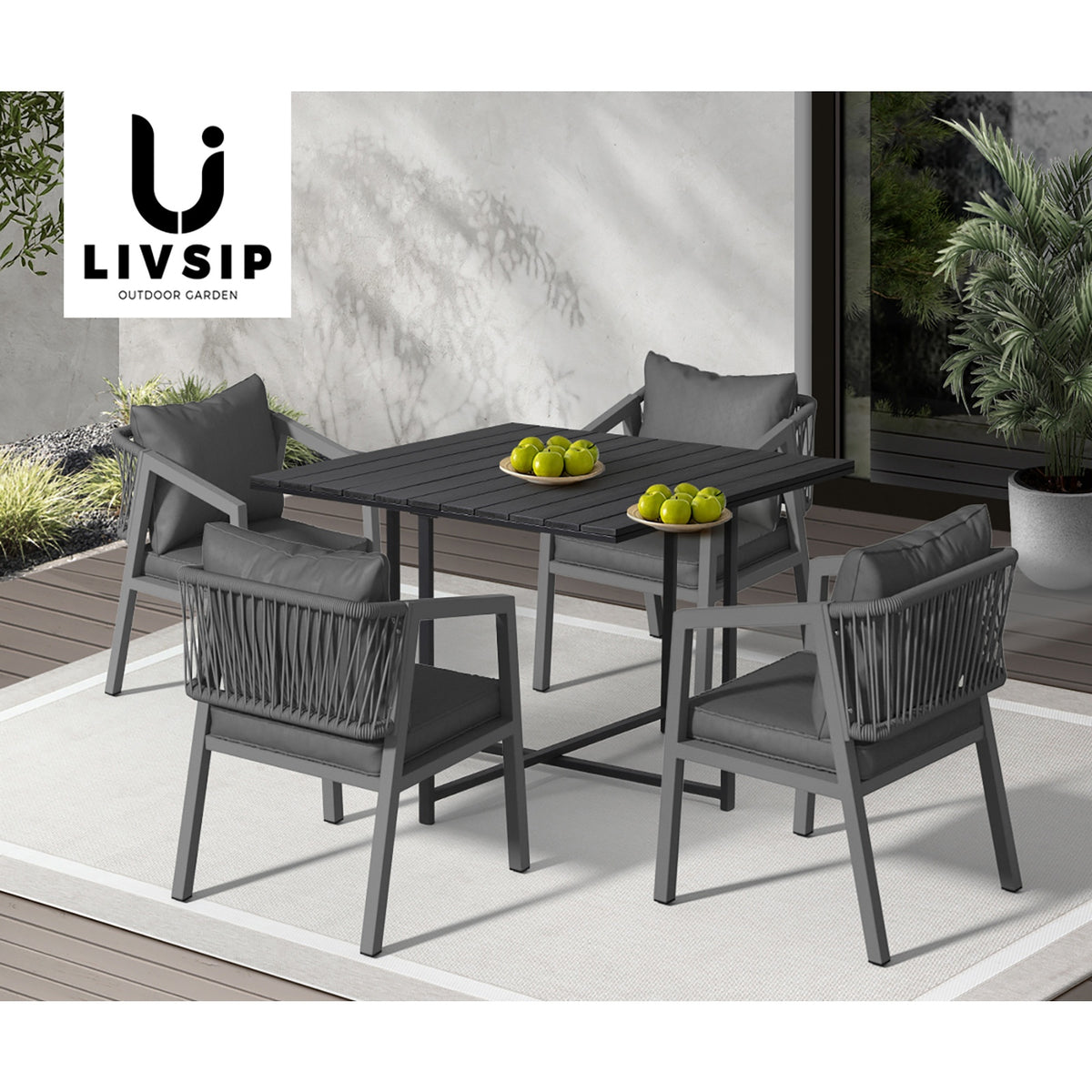 Livsip Outdoor Dining Set Patio Furniture Garden Balck Table Setting 4 Seater - Sunyee