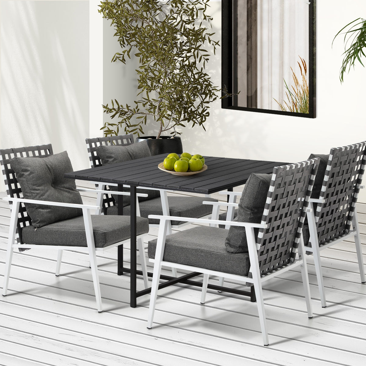 Livsip Outdoor Dining Set Patio Furniture Balck Table Rattan White Chairs 5PC - Sunyee