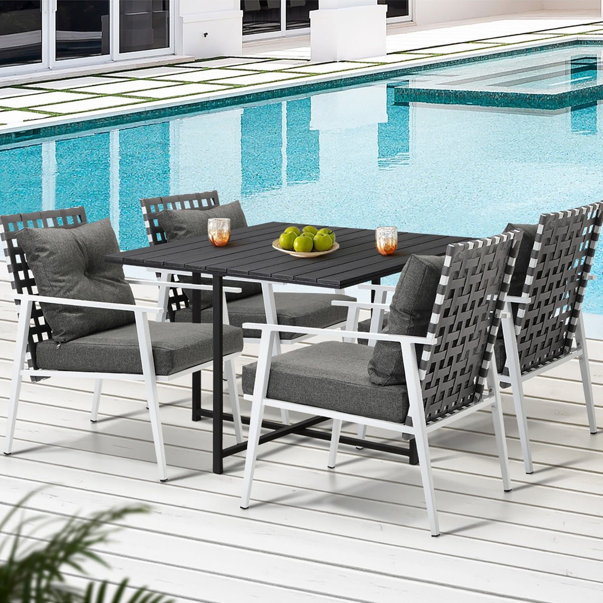 Livsip Outdoor Dining Set Patio Furniture Balck Table Rattan White Chairs 5PC - Sunyee