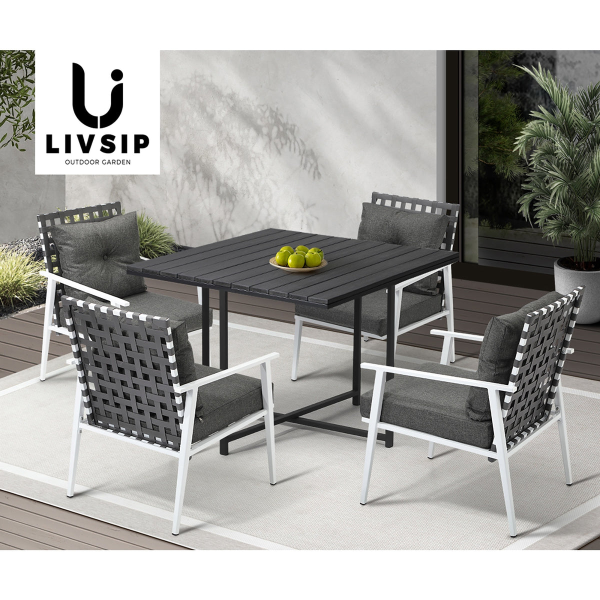 Livsip Outdoor Dining Set Patio Furniture Balck Table Rattan White Chairs 5PC - Sunyee