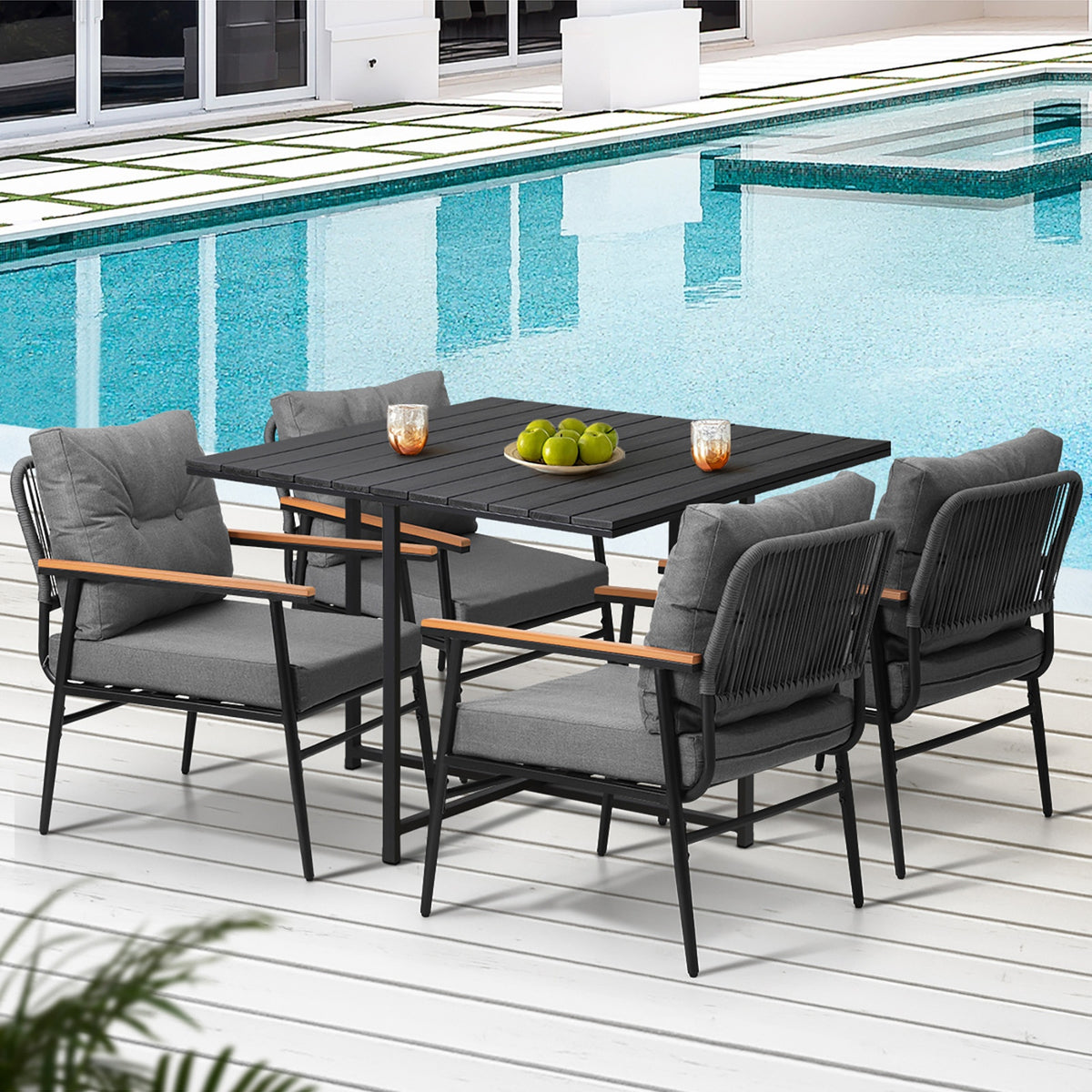 Livsip Outdoor Dining Set Patio Furniture Garden Black Table and Chairs 4 Seater - Sunyee
