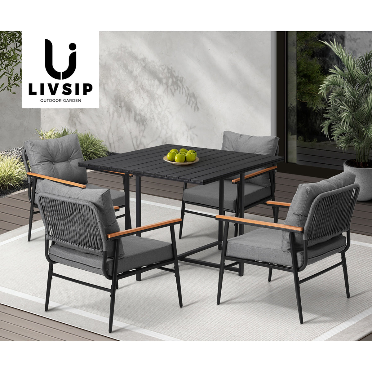 Livsip Outdoor Dining Set Patio Furniture Garden Black Table and Chairs 4 Seater - Sunyee