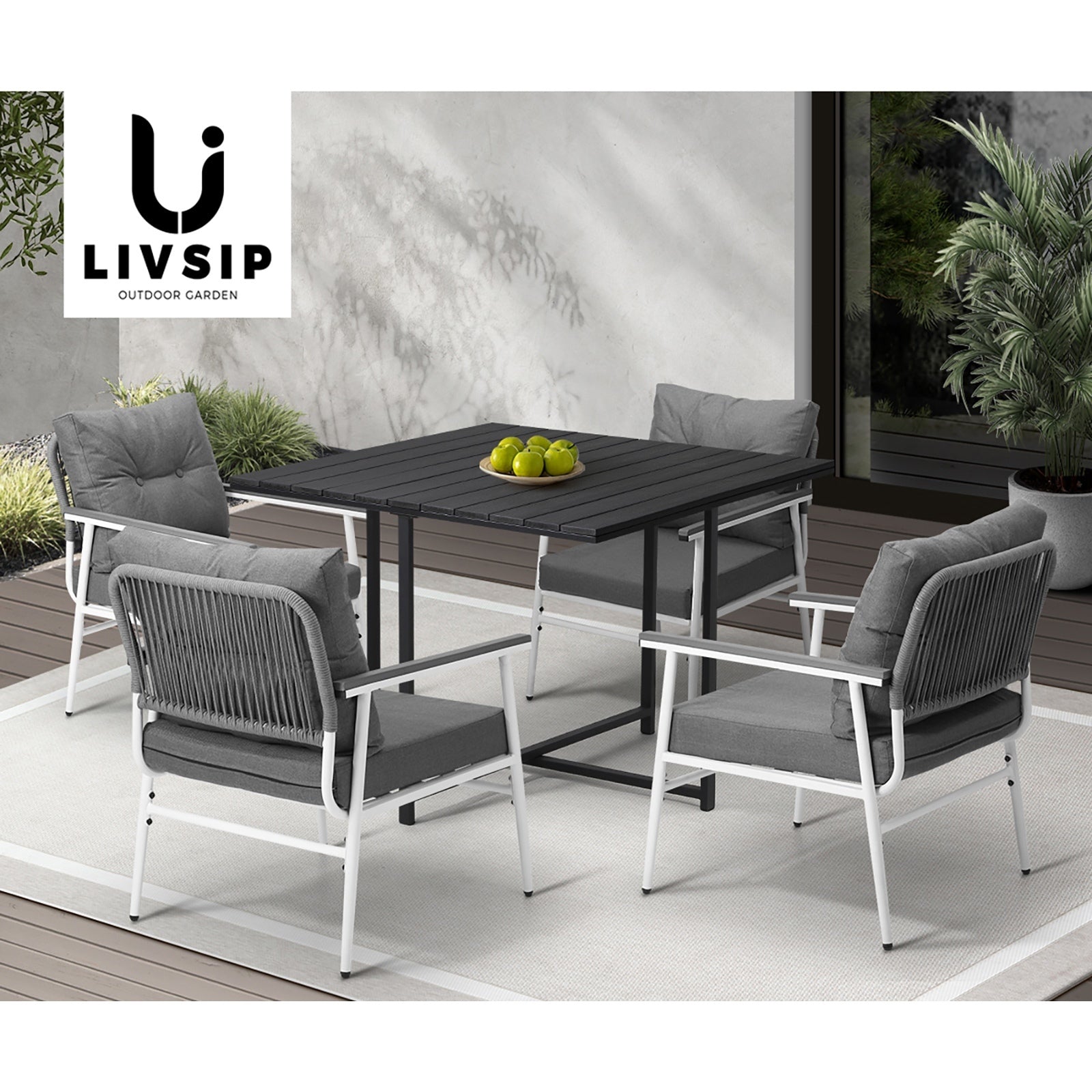 Livsip Outdoor Dining Set Patio Furniture Garden Black Table and Chairs 4 Seater - Sunyee