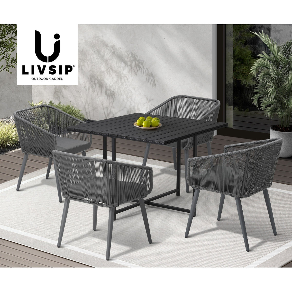 Livsip 5PCS Outdoor Dining Set Furniture Black Table Lounge Chairs Patio Setting - Sunyee
