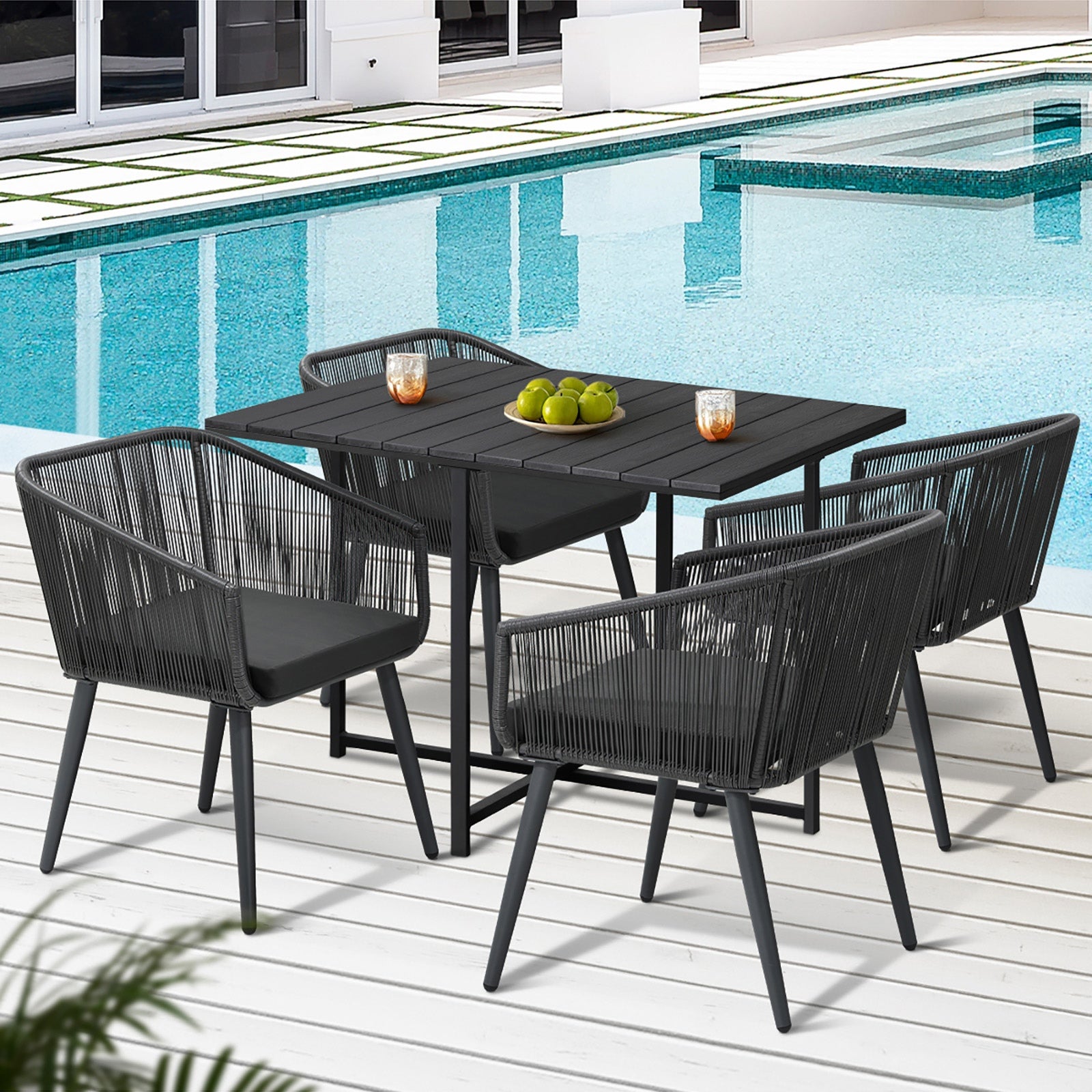 Livsip 5PCS Outdoor Dining Set Furniture Black Table Lounge Chairs Patio Setting - Sunyee