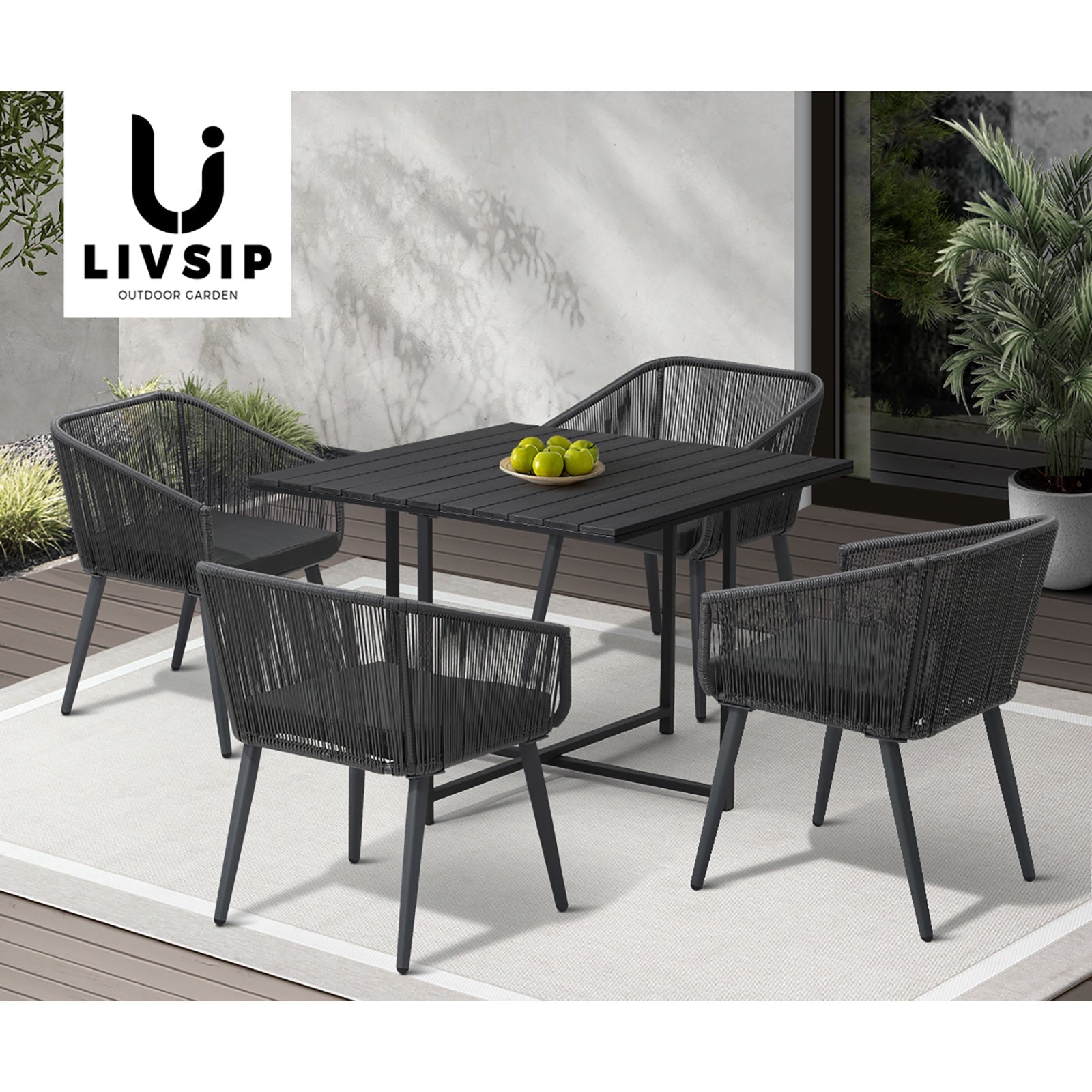 Livsip 5PCS Outdoor Dining Set Furniture Black Table Lounge Chairs Patio Setting - Sunyee