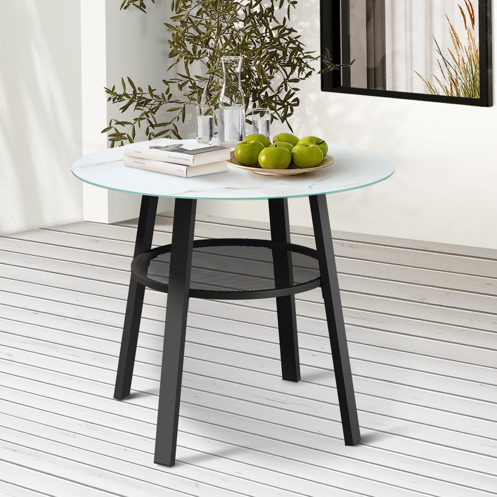 Livsip Outdoor Dining Table w/ Storage Shelf Patio Furniture Black 90cm - Sunyee
