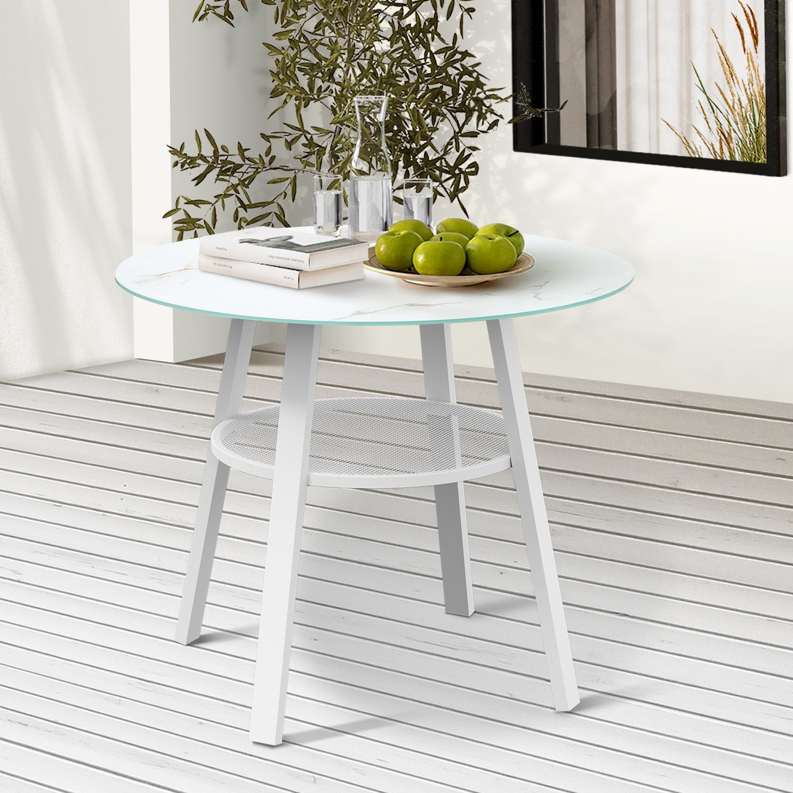 Livsip Outdoor Dining Table w/ Storage Shelf Patio Furniture White 90cm - Sunyee