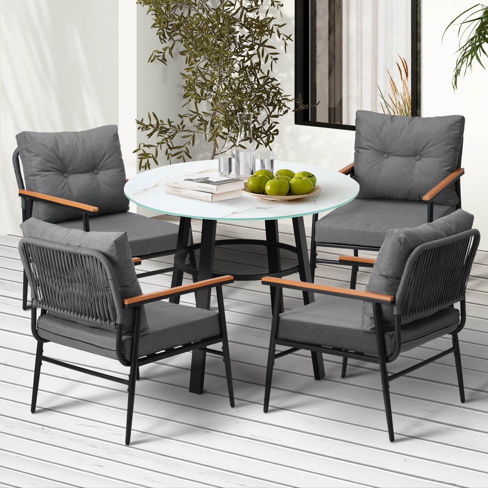 Livsip Outdoor Dining Set Patio Furniture 5PC Lounge Setting Table Storage Shelf - Sunyee