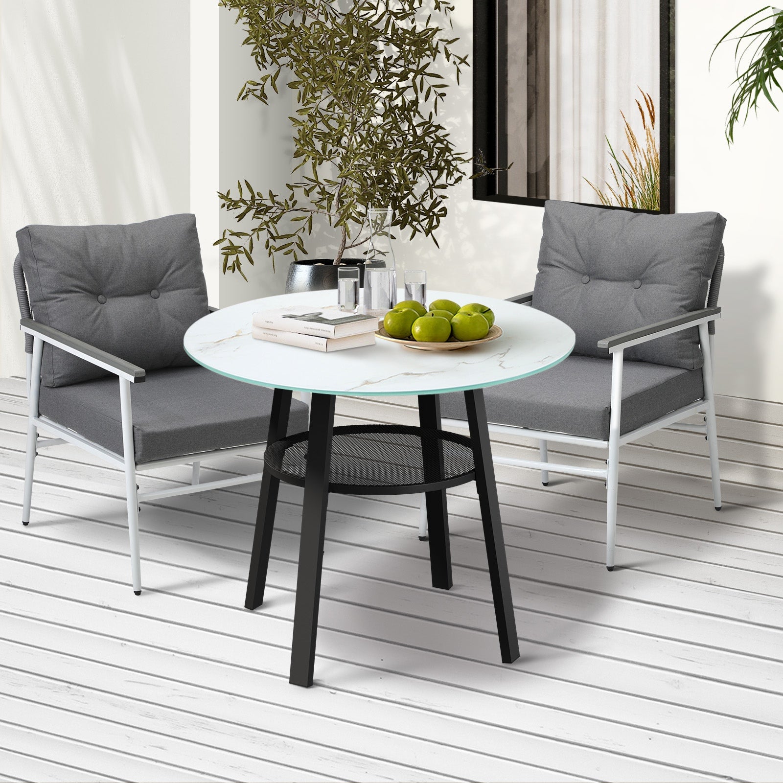 Livsip Outdoor Dining Set Patio Furniture 2 Seater Marble Tempered Glass Table - Sunyee