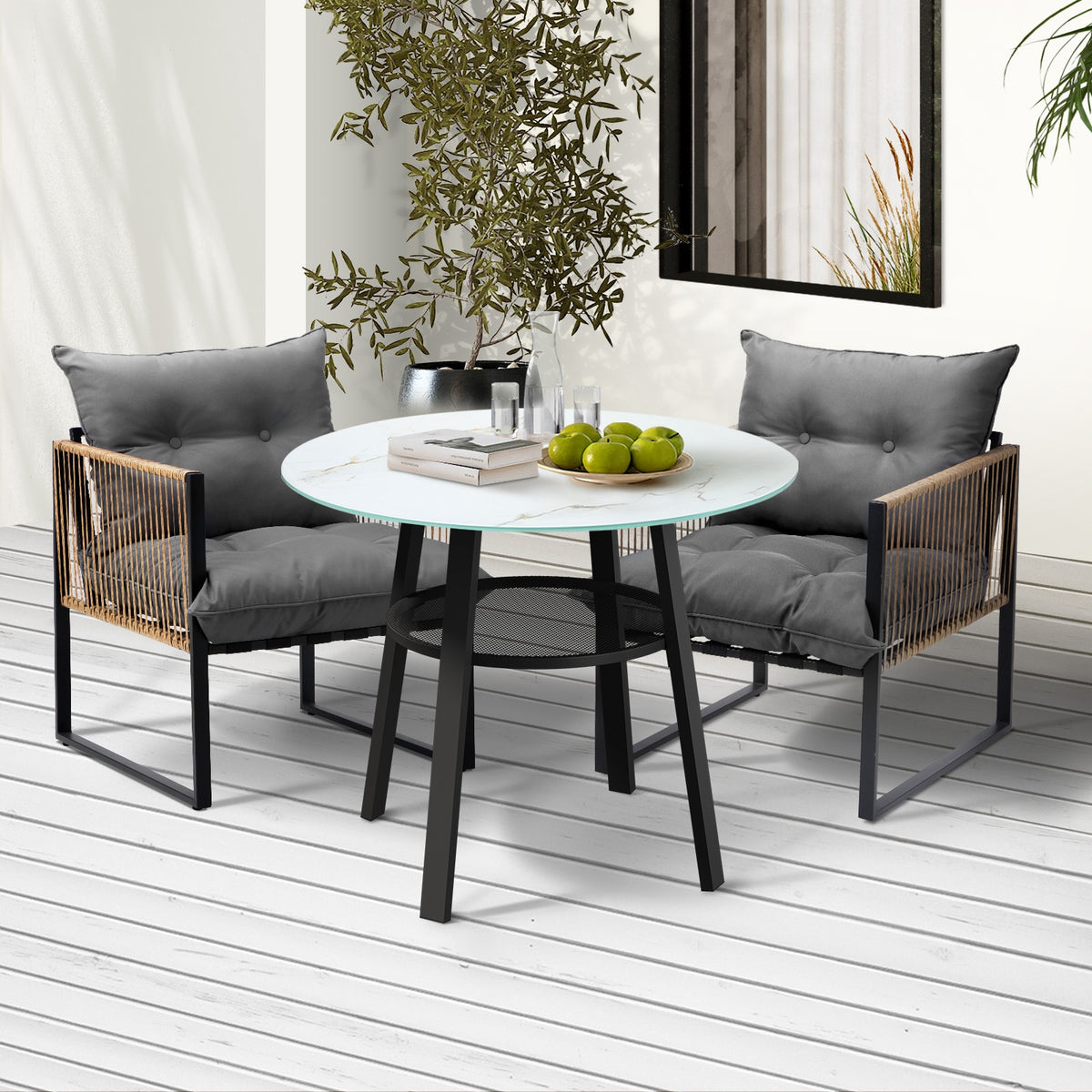 Livsip Outdoor Patio Set Furniture 2 Seater Bistro Setting Table w/Storage Shelf - Sunyee