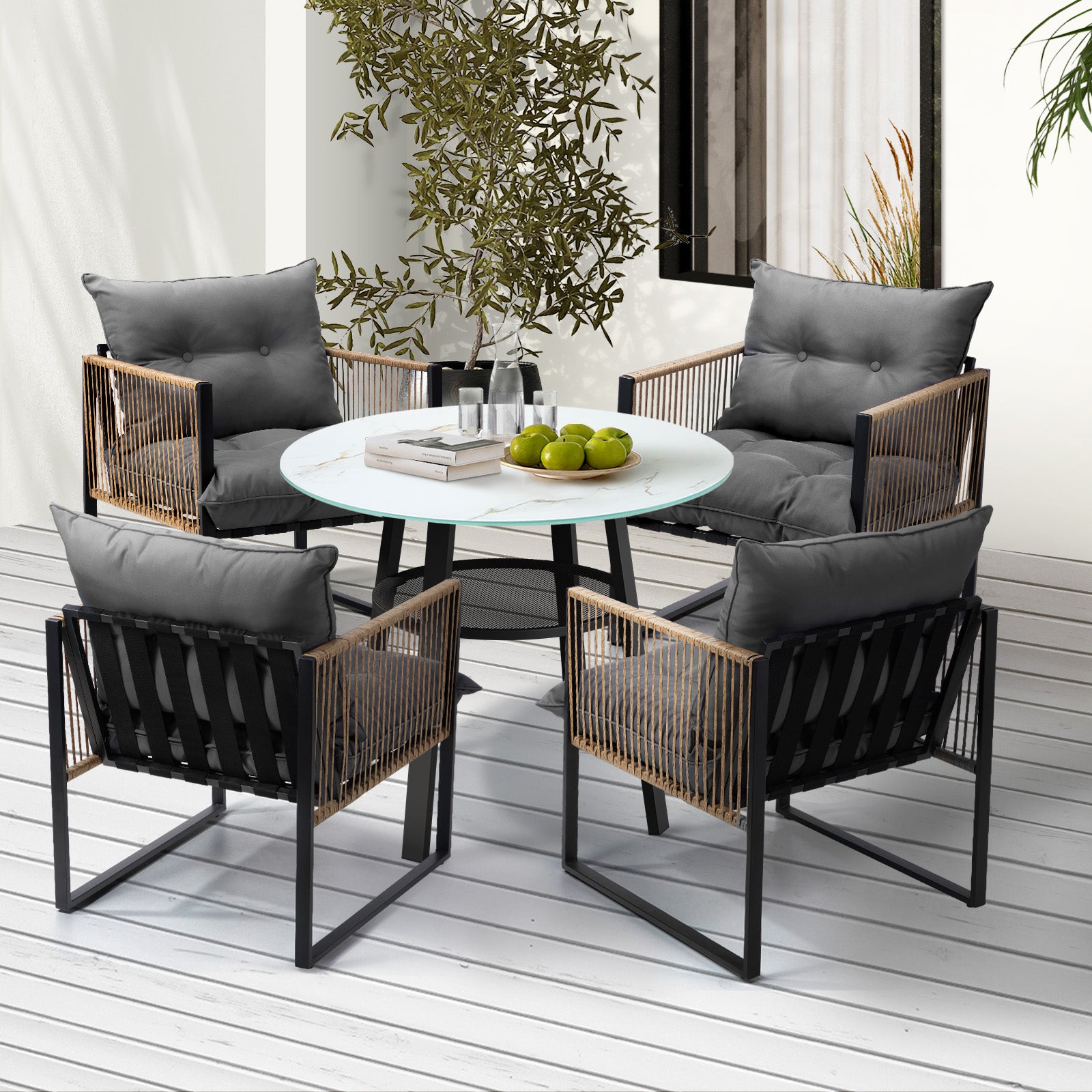 Livsip Outdoor Patio Set Furniture 4 Seater Bistro Setting Table w/Storage Shelf - Sunyee